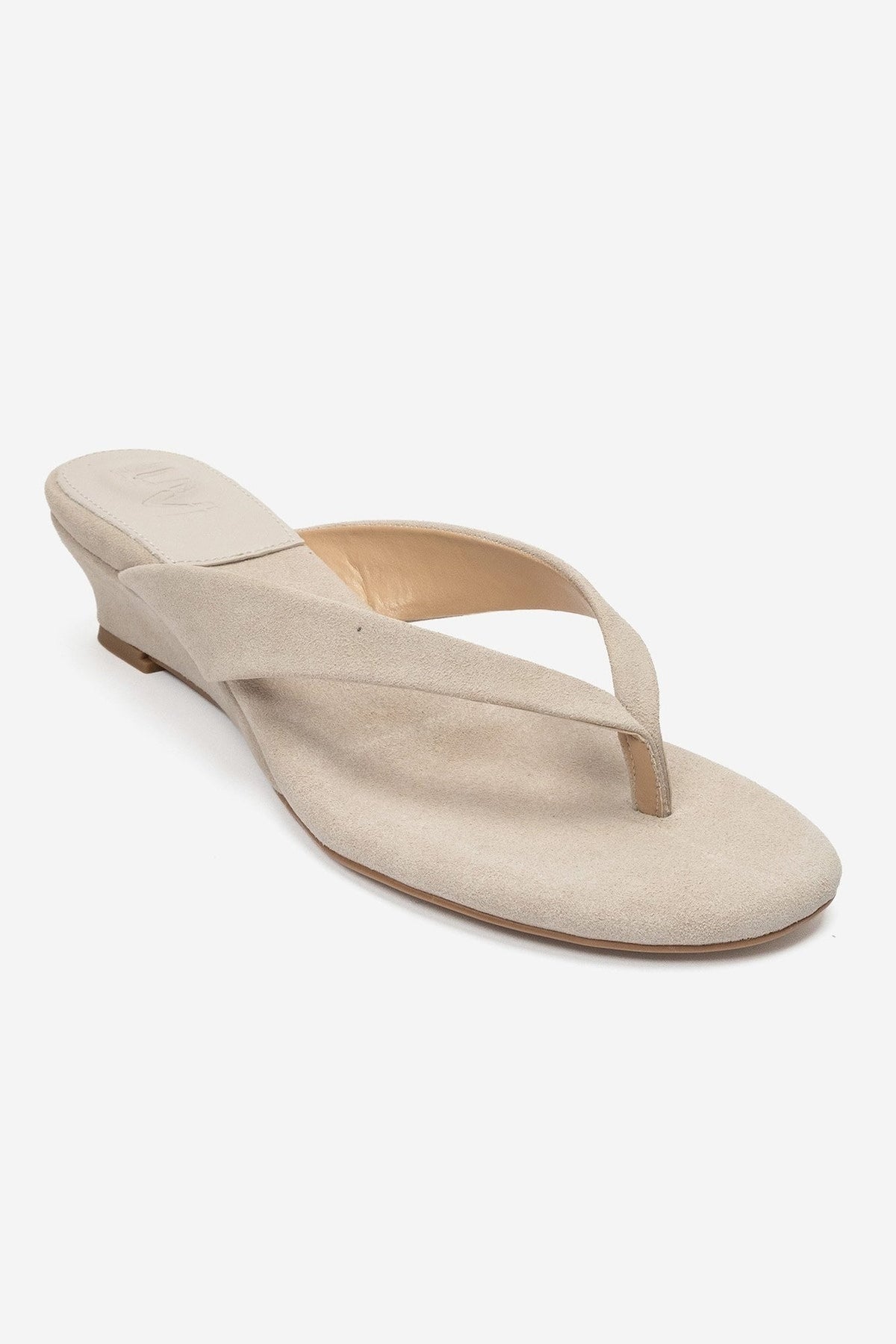 VANESSIA - Beige Suede Toe-Post Mini Block Heel Sandal – detail view showing leather, suede, Vowalisse