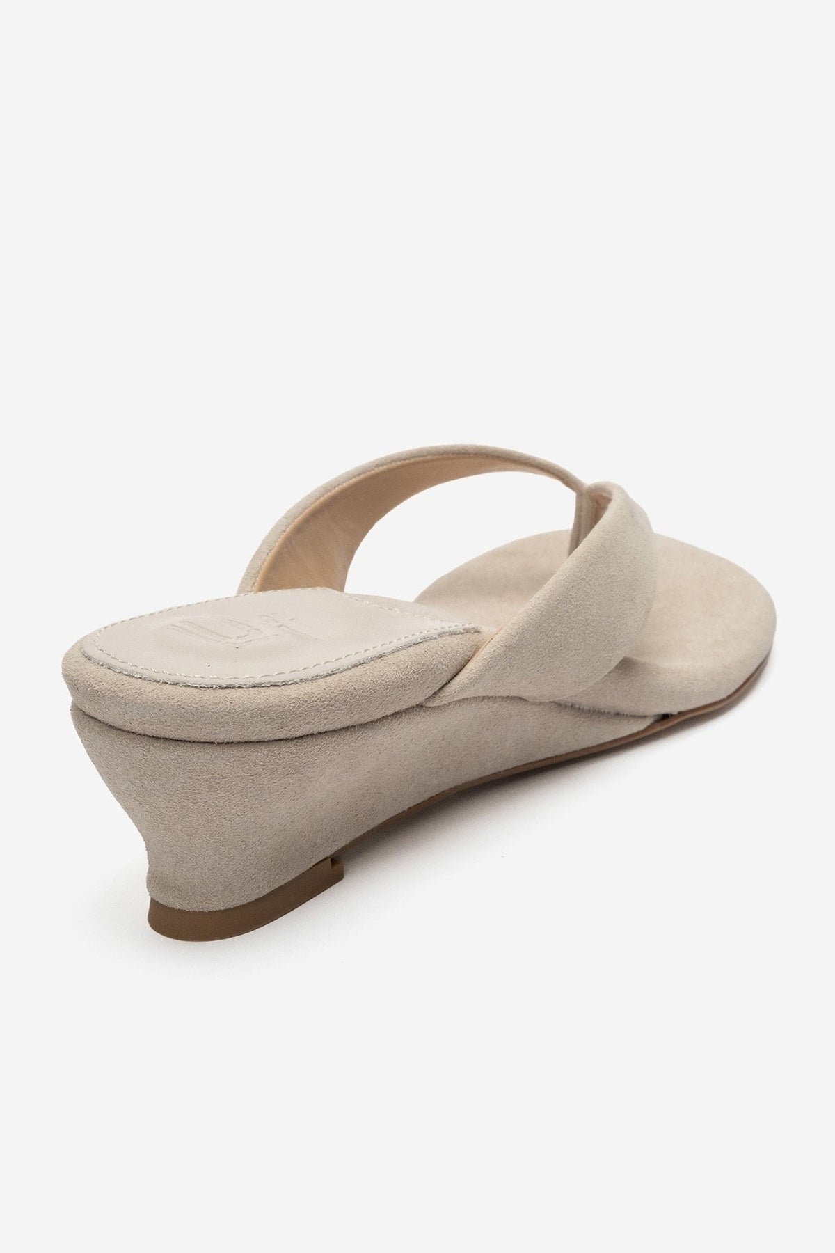 VANESSIA - Beige Suede Toe-Post Mini Block Heel Sandal – back view showing leather, suede, Vowalisse