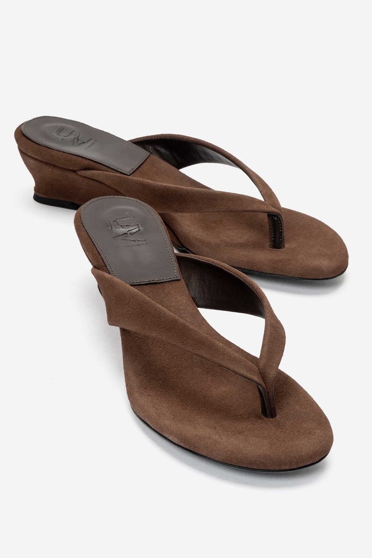 VANESSIA - Cognac Suede Toe-Post Mini Block Heel Sandal – front three-quarter view showing leather, suede, Vowalisse