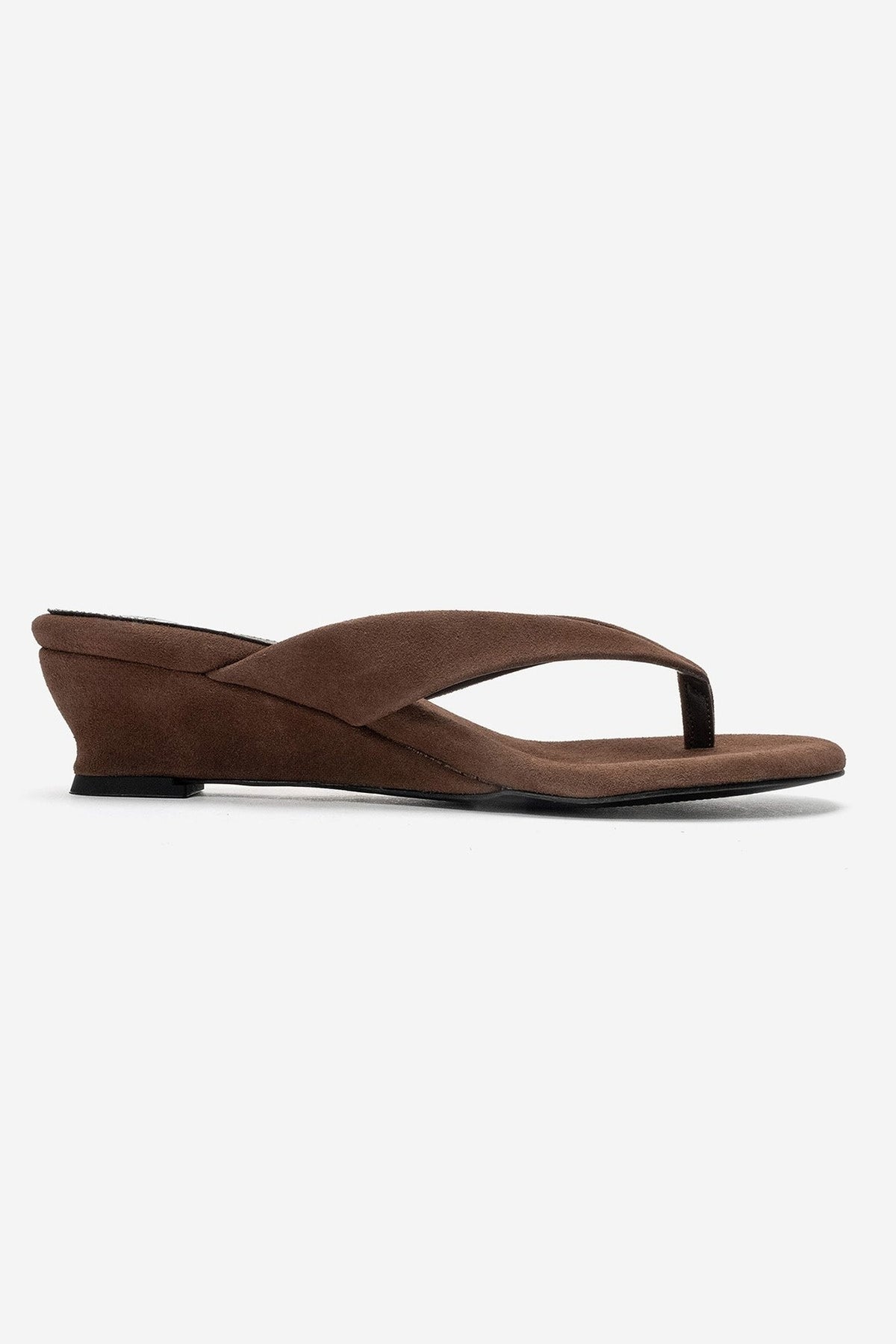 VANESSIA - Cognac Suede Toe-Post Mini Block Heel Sandal – heel view showing leather, suede, Vowalisse