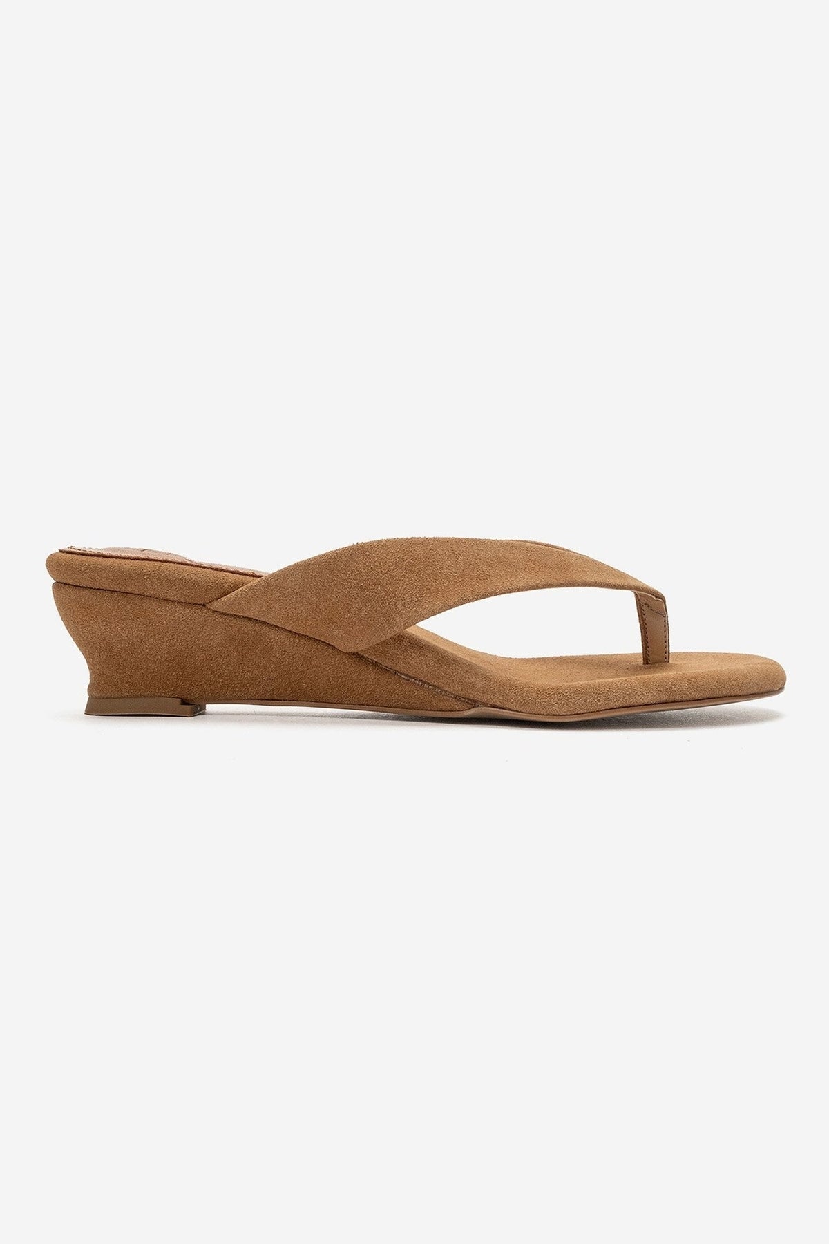 VANESSIA - Taupe Suede Toe-Post Mini Block Heel Sandal – heel view showing leather, suede, Vowalisse