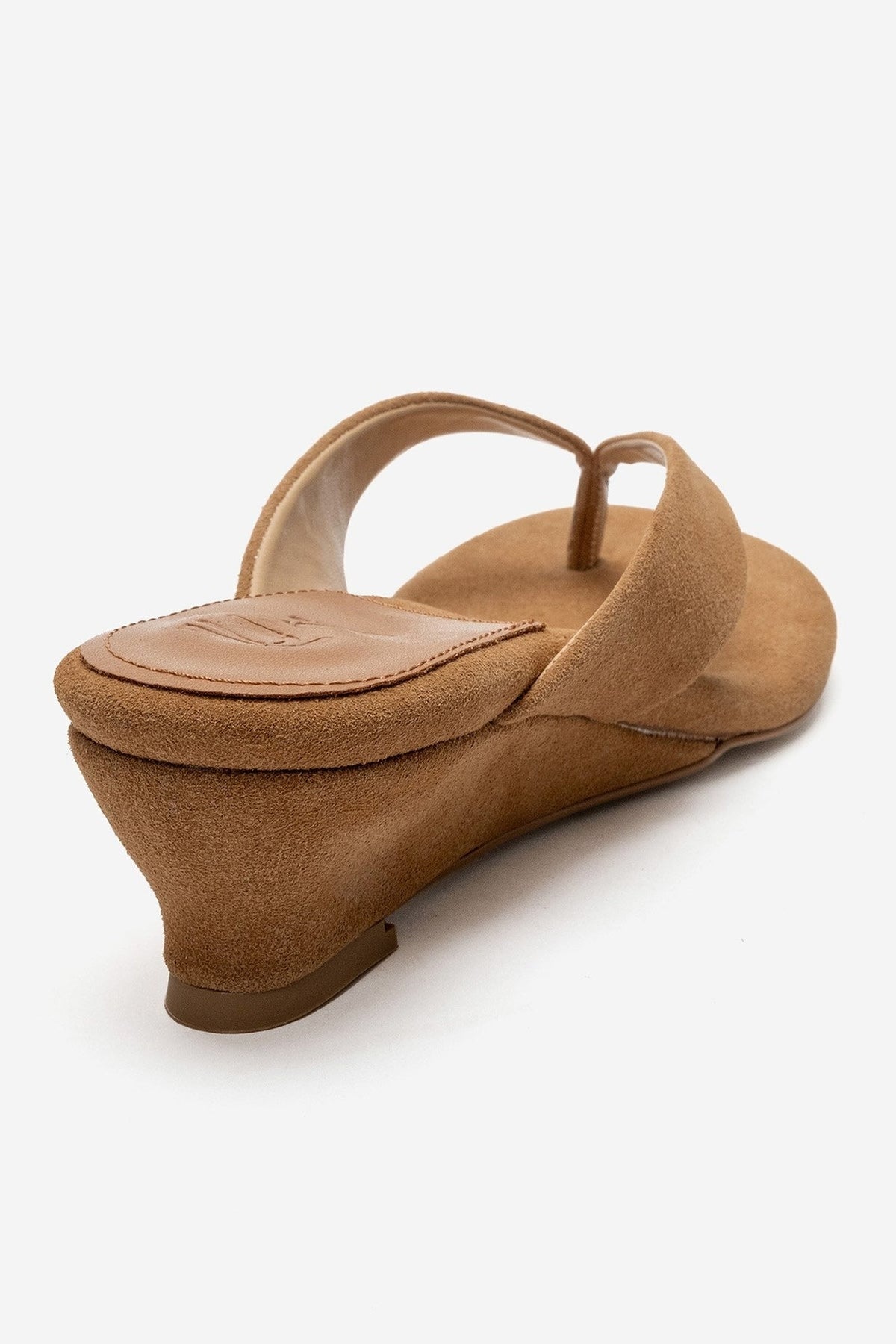 VANESSIA - Taupe Suede Toe-Post Mini Block Heel Sandal – back view showing leather, suede, Vowalisse