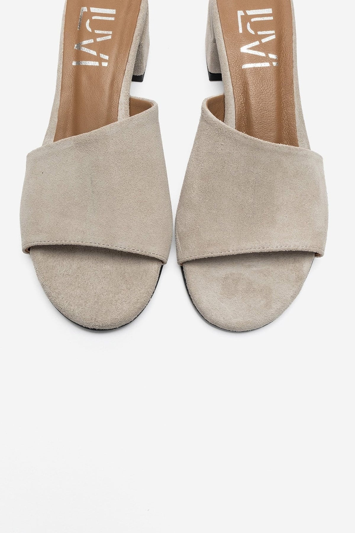 DELAVIE - Beige Genuine Leather Block Heel Mule – side view showing leather, suede, Vowalisse