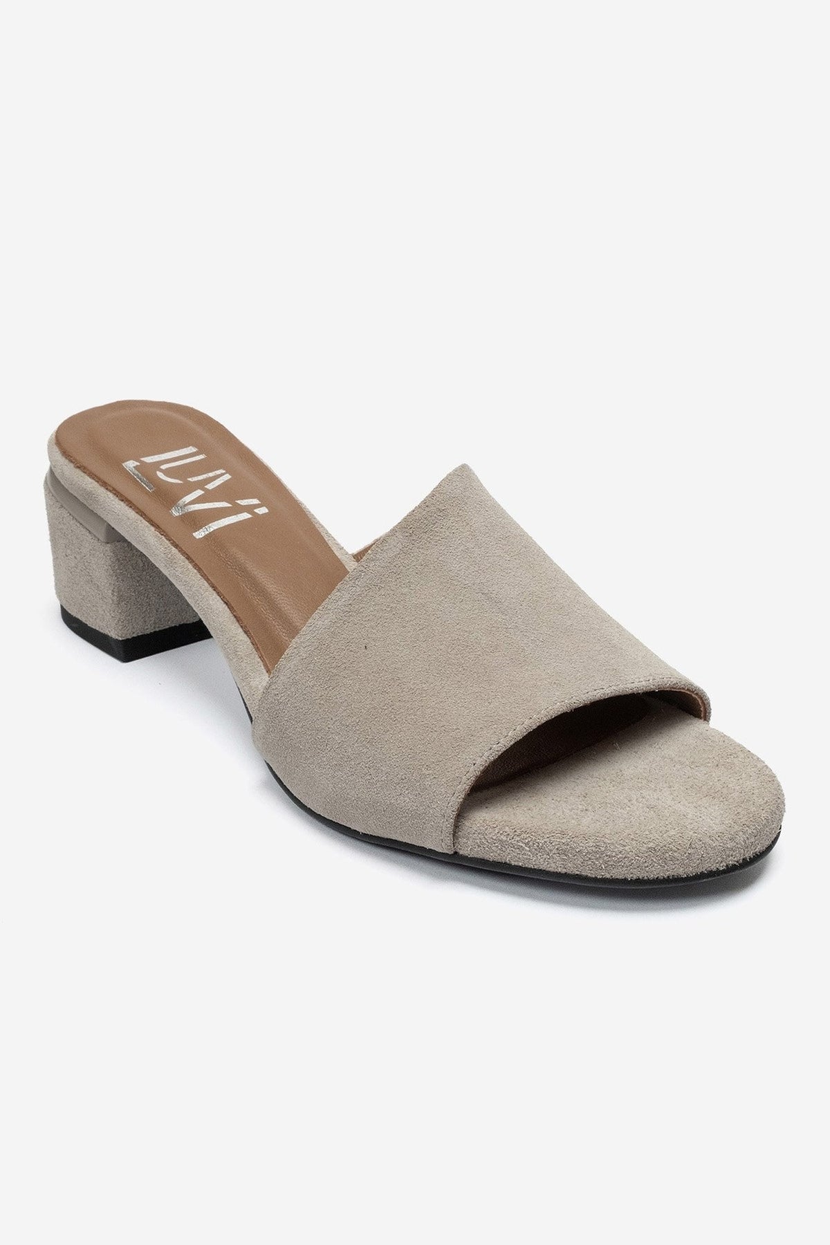 DELAVIE - Beige Genuine Leather Block Heel Mule – detail view showing leather, suede, Vowalisse