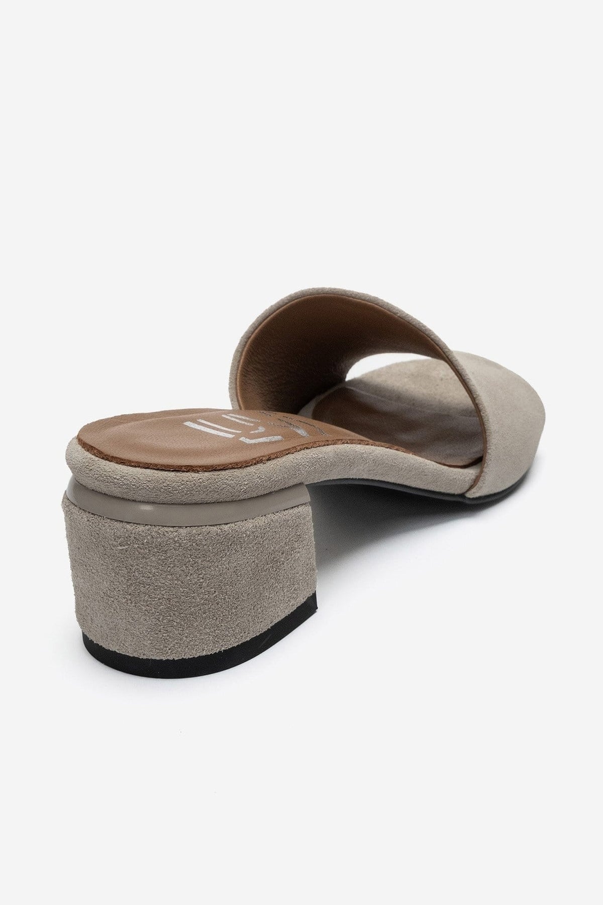 DELAVIE - Beige Genuine Leather Block Heel Mule – back view showing leather, suede, Vowalisse