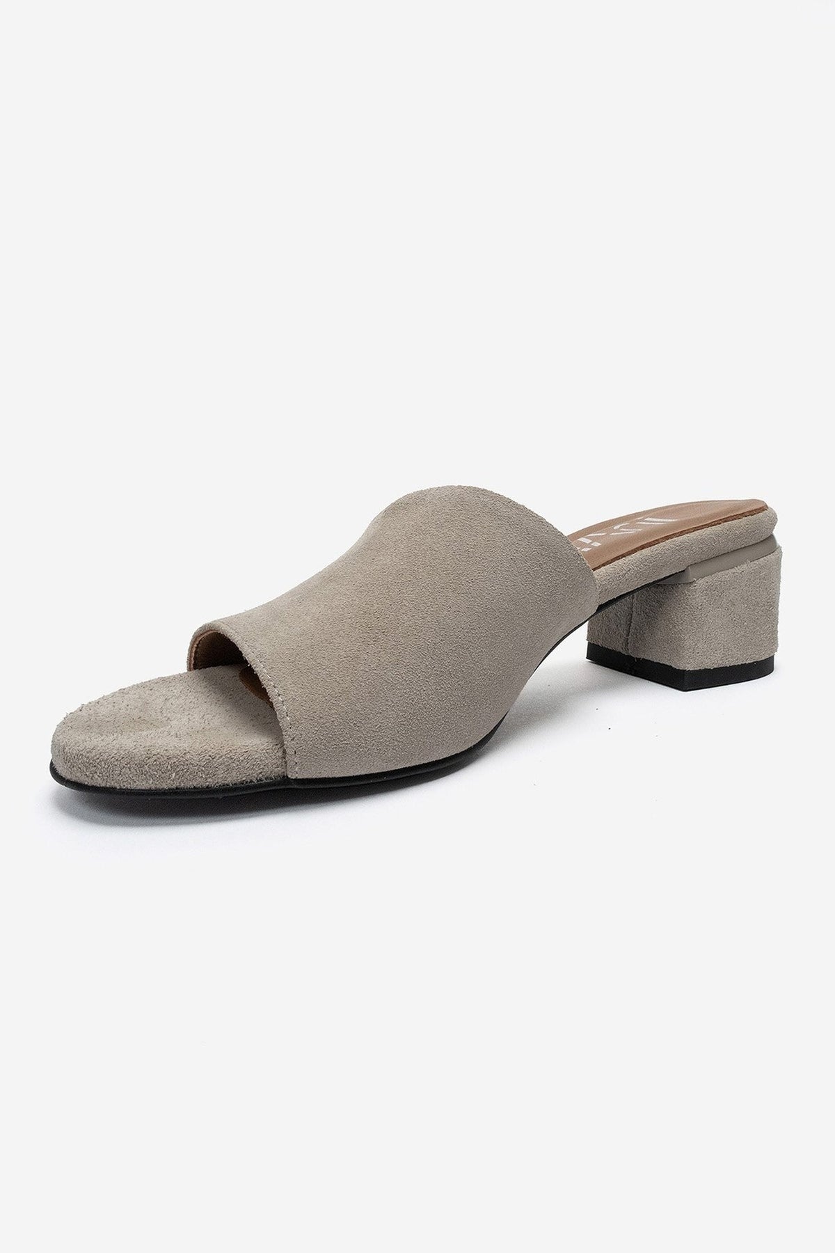DELAVIE - Beige Genuine Leather Block Heel Mule – top view showing leather, suede, Vowalisse