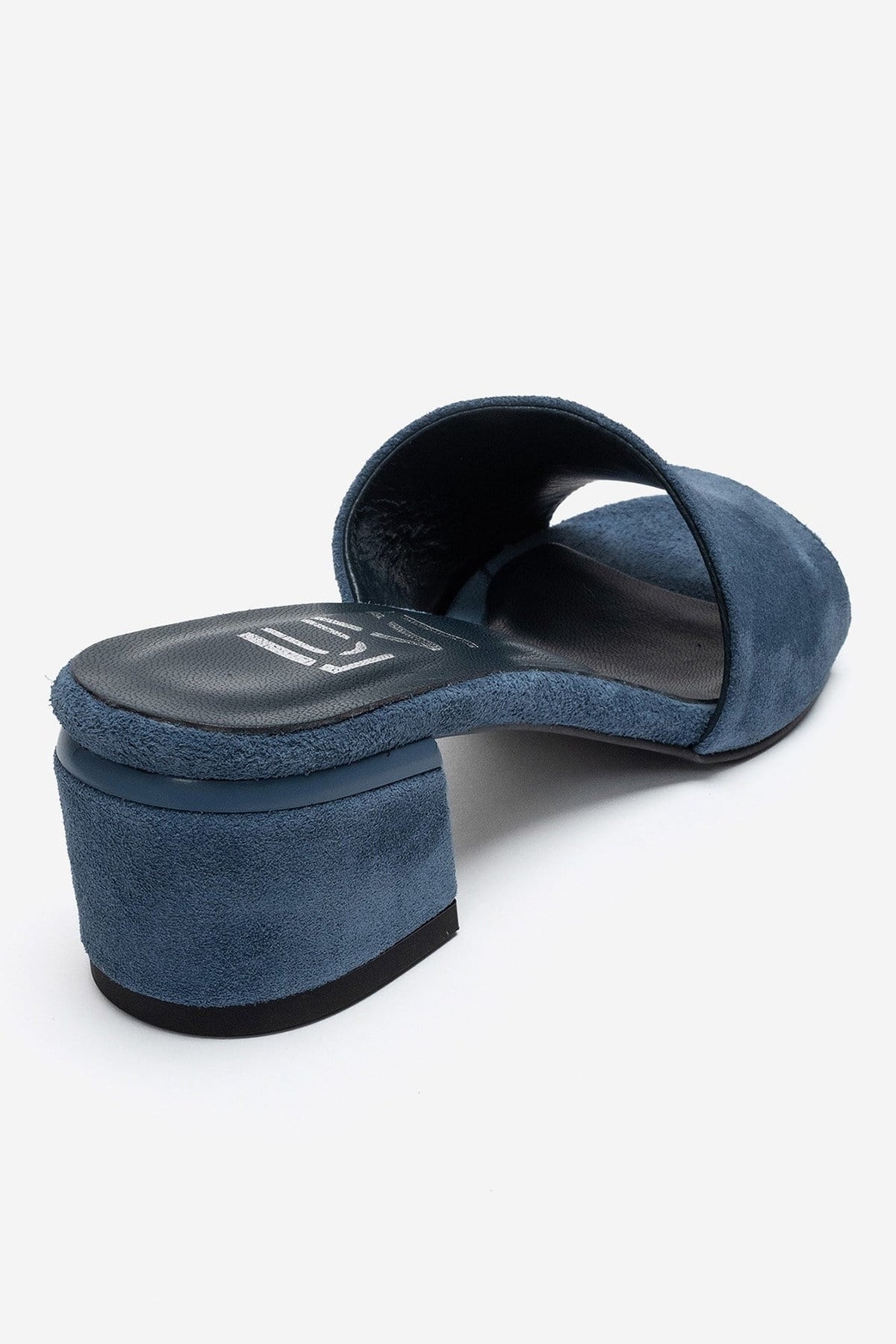 DELAVIE - Navy Genuine Leather Block Heel Mule – back view showing leather, suede, Vowalisse