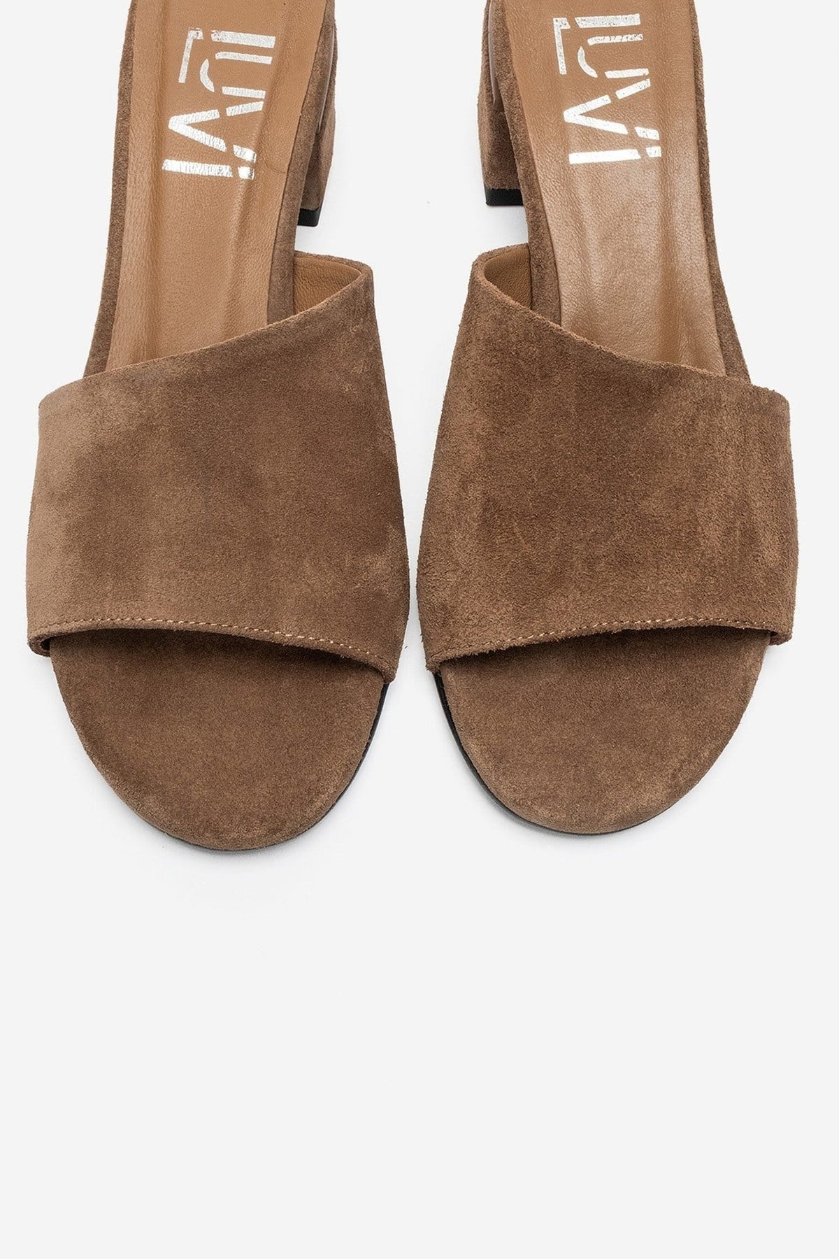 DELAVIE - Taupe Genuine Leather Block Heel Mule – side view showing leather, suede, Vowalisse