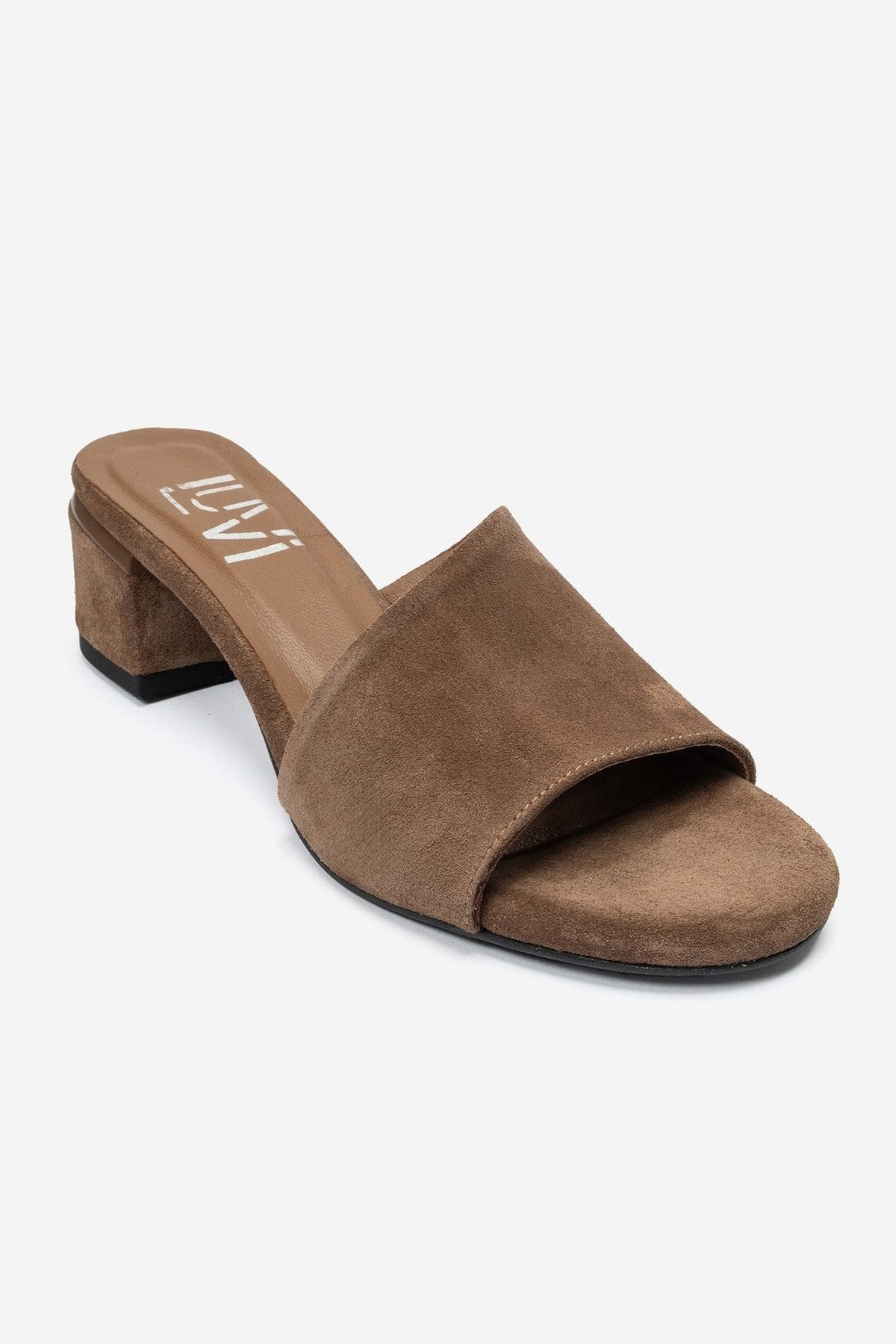 DELAVIE - Taupe Genuine Leather Block Heel Mule – detail view showing leather, suede, Vowalisse