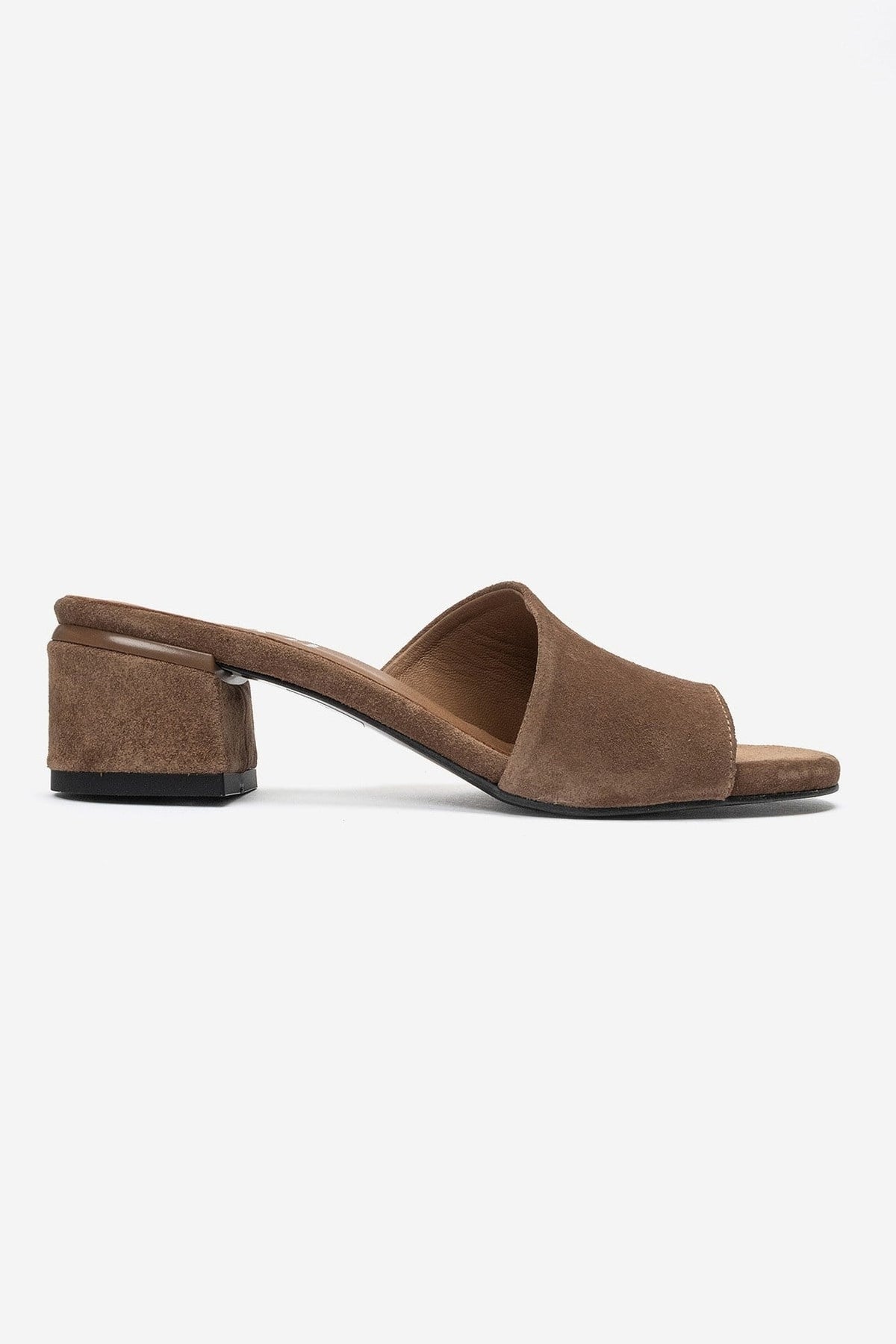 DELAVIE - Taupe Genuine Leather Block Heel Mule – heel view showing leather, suede, Vowalisse