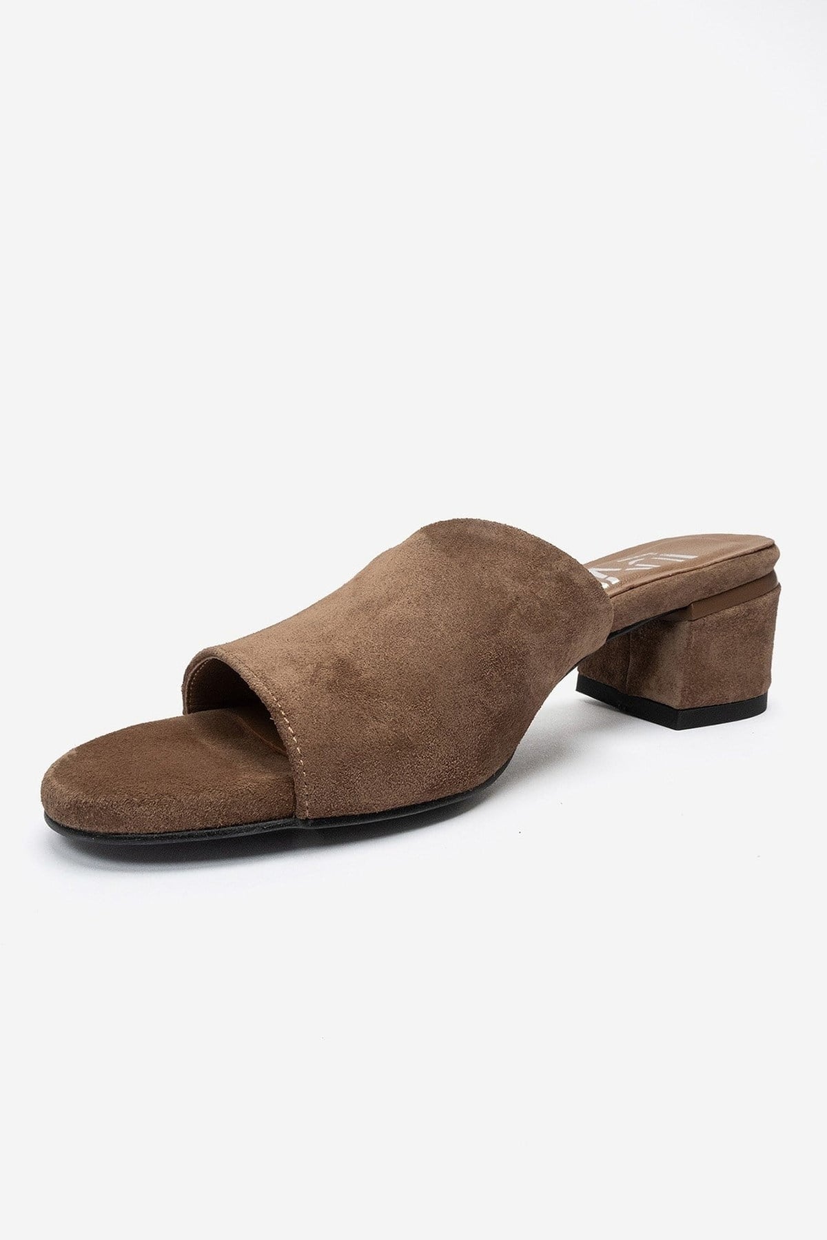 DELAVIE - Taupe Genuine Leather Block Heel Mule – top view showing leather, suede, Vowalisse