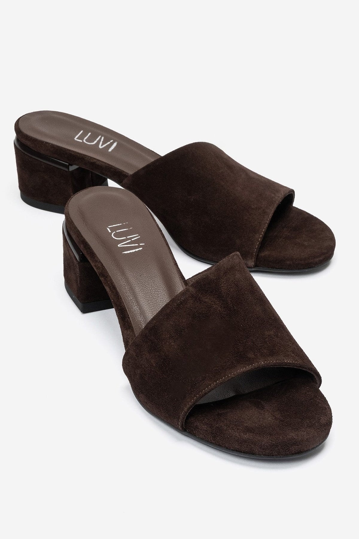 DELAVIE - Cognac Genuine Leather Block Heel Mule – front three-quarter view showing leather, suede, Vowalisse