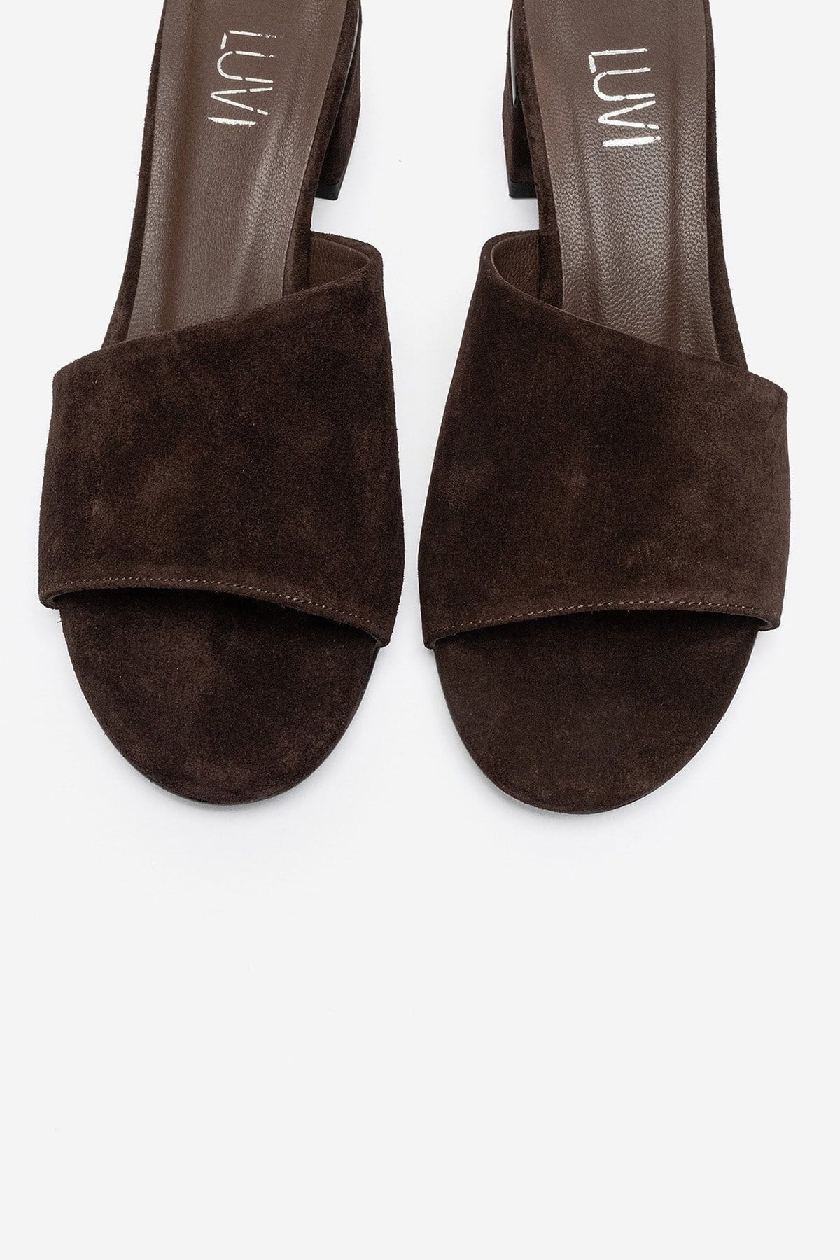 DELAVIE - Cognac Genuine Leather Block Heel Mule – side view showing leather, suede, Vowalisse