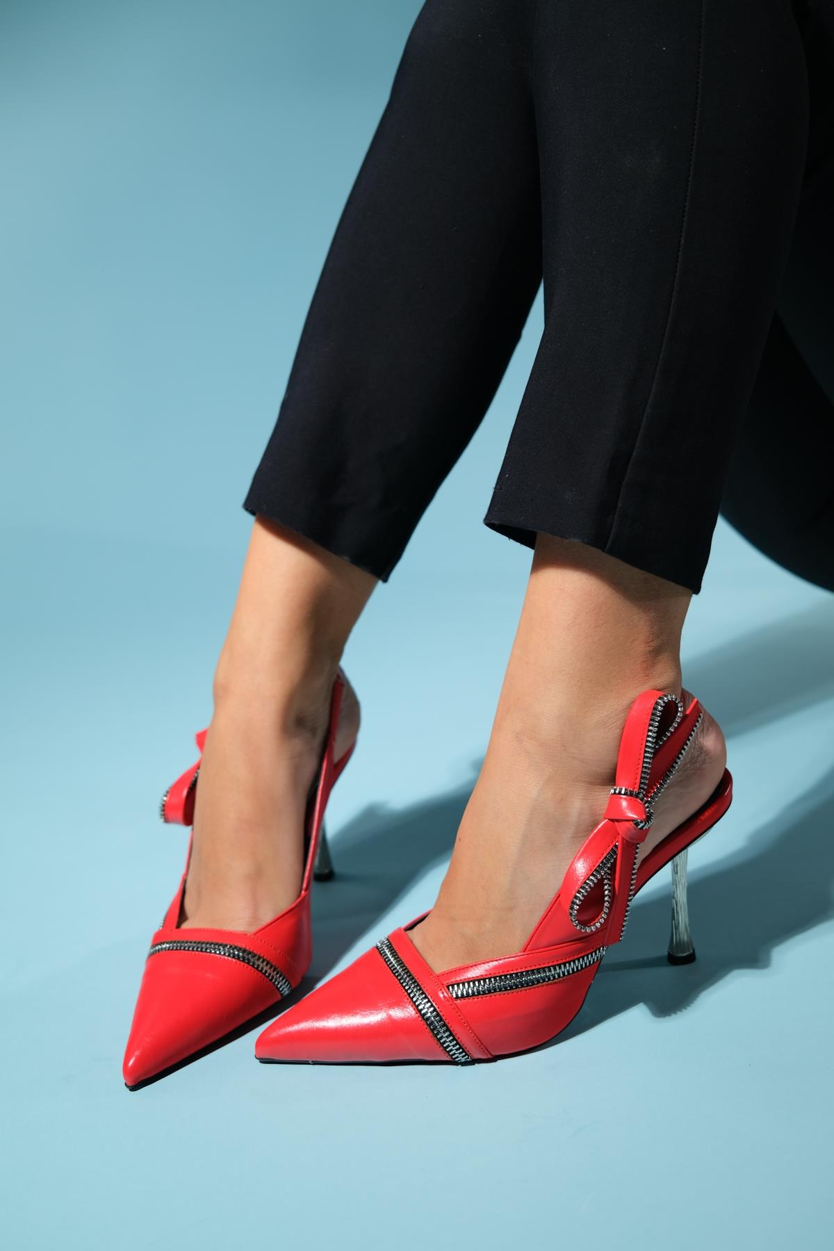 Glen - Red Zipper-Detail High Heel Shoe – front three-quarter view showing leather, red, Vowalisse