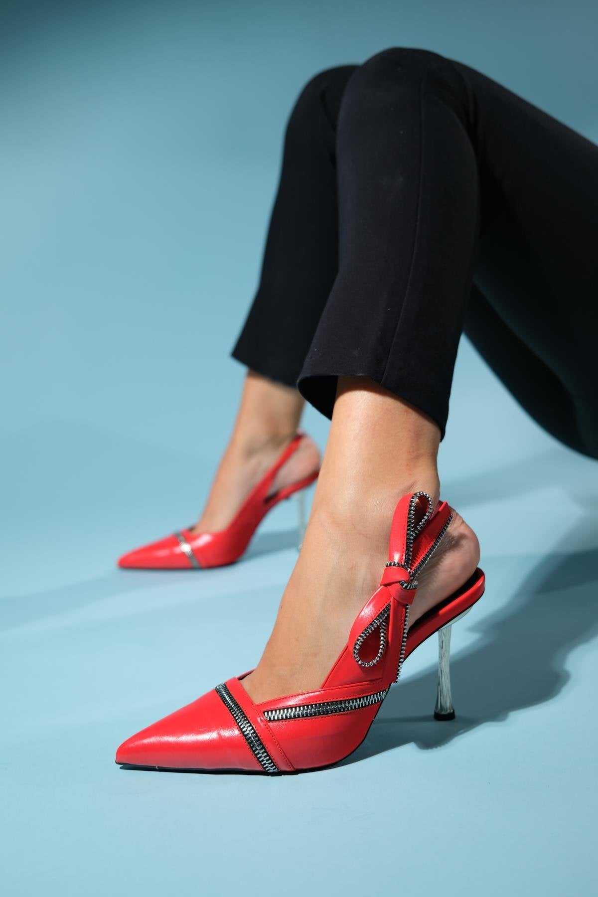 Glen - Red Zipper-Detail High Heel Shoe – side view showing leather, red, Vowalisse
