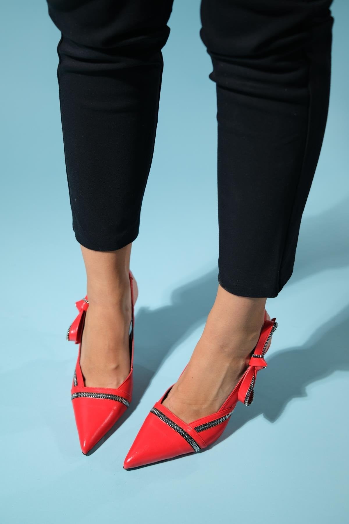 Glen - Red Zipper-Detail High Heel Shoe – back view showing leather, red, Vowalisse