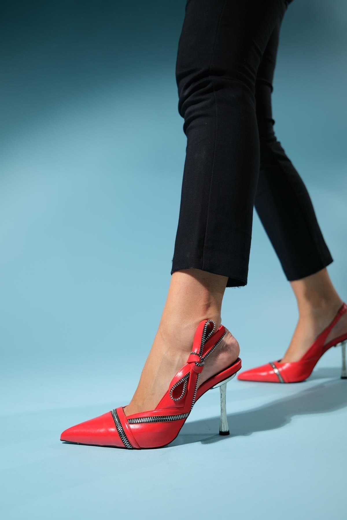 Glen - Red Zipper-Detail High Heel Shoe – top view showing leather, red, Vowalisse