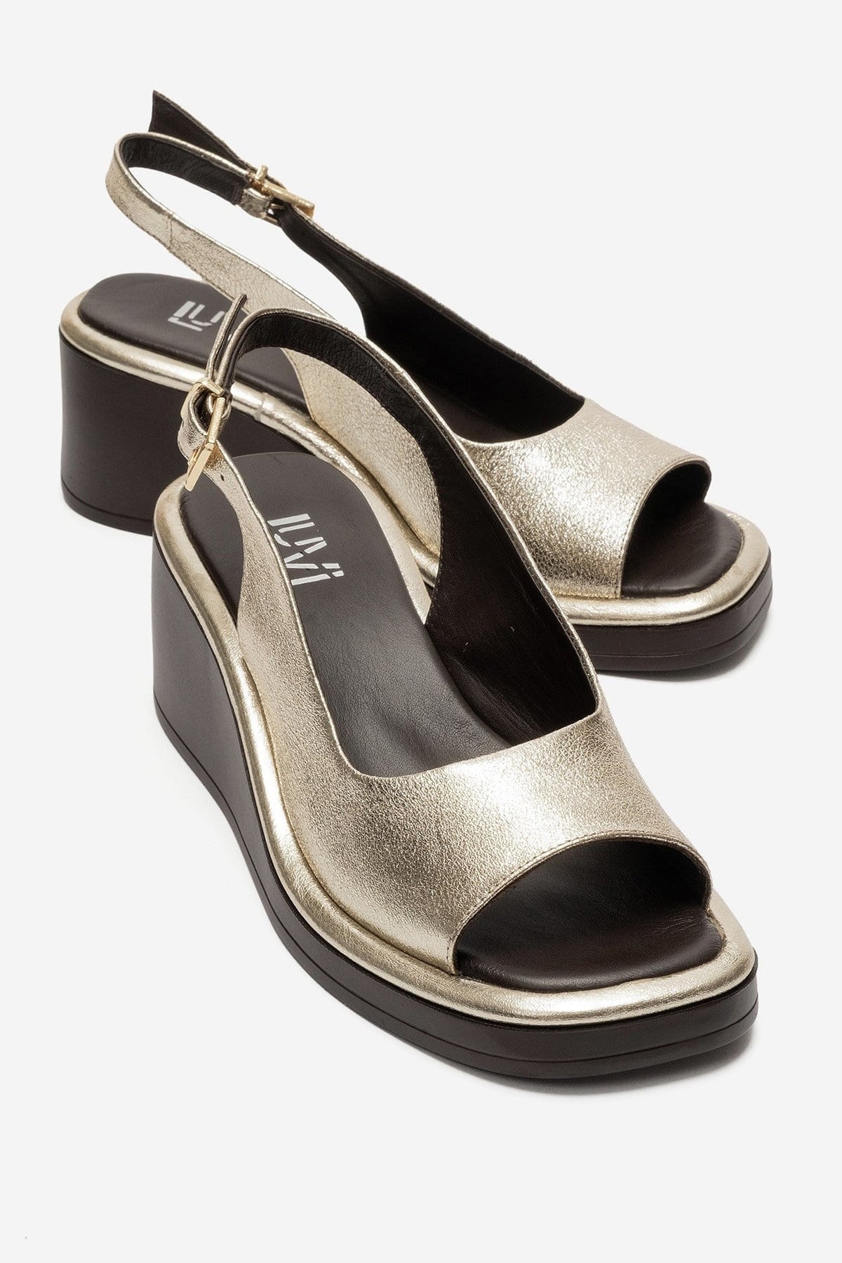 Orlena - Gold Genuine Leather Slingback Platform Sandal – front three-quarter view showing leather, gold, Vowalisse