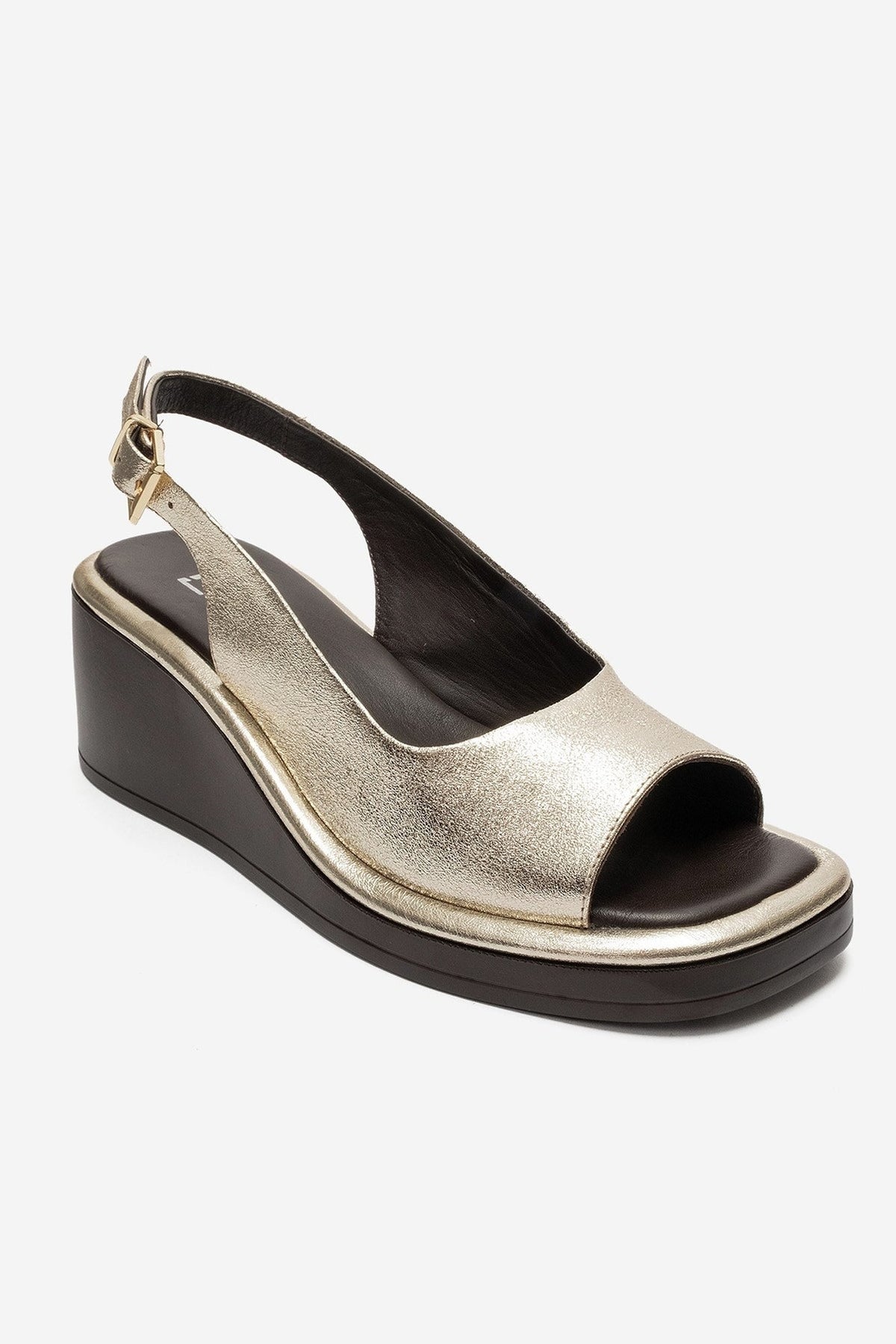 Orlena - Gold Genuine Leather Slingback Platform Sandal – detail view showing leather, gold, Vowalisse