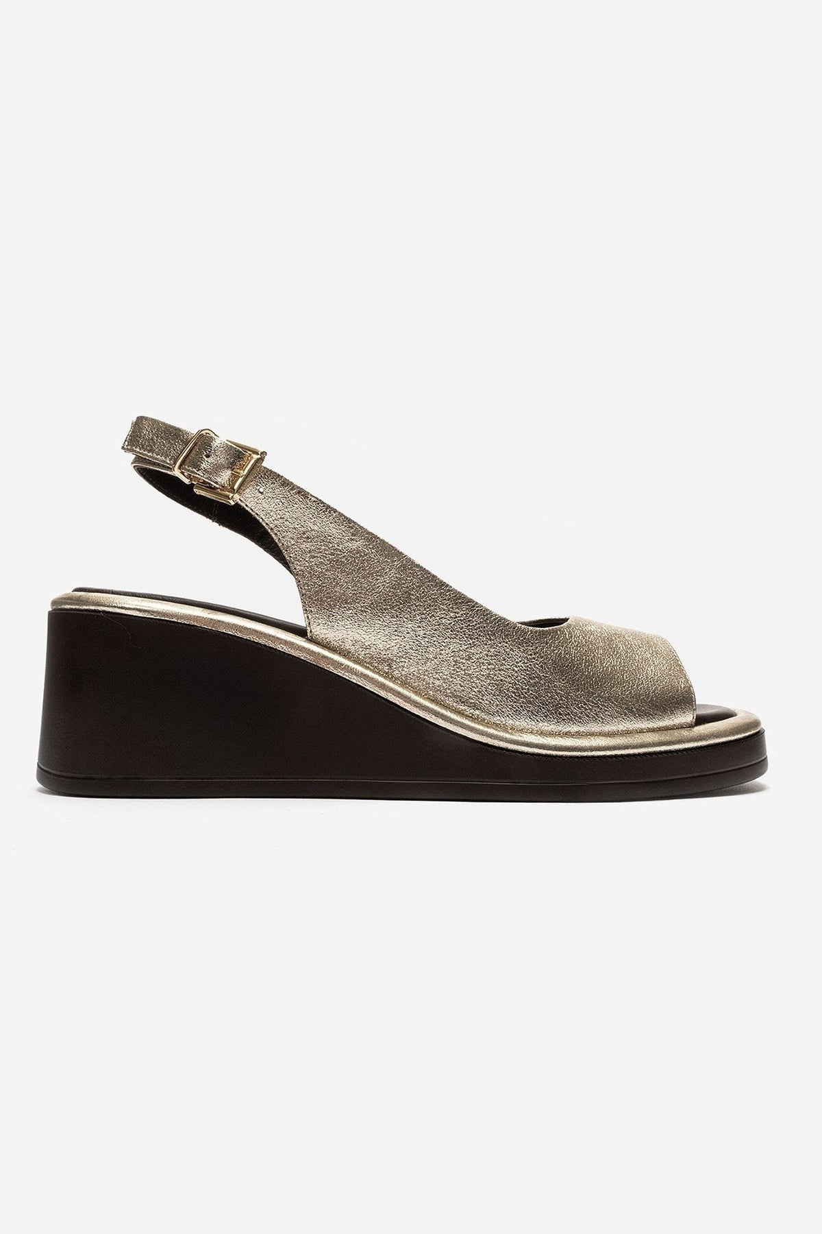 Orlena - Gold Genuine Leather Slingback Platform Sandal – heel view showing leather, gold, Vowalisse
