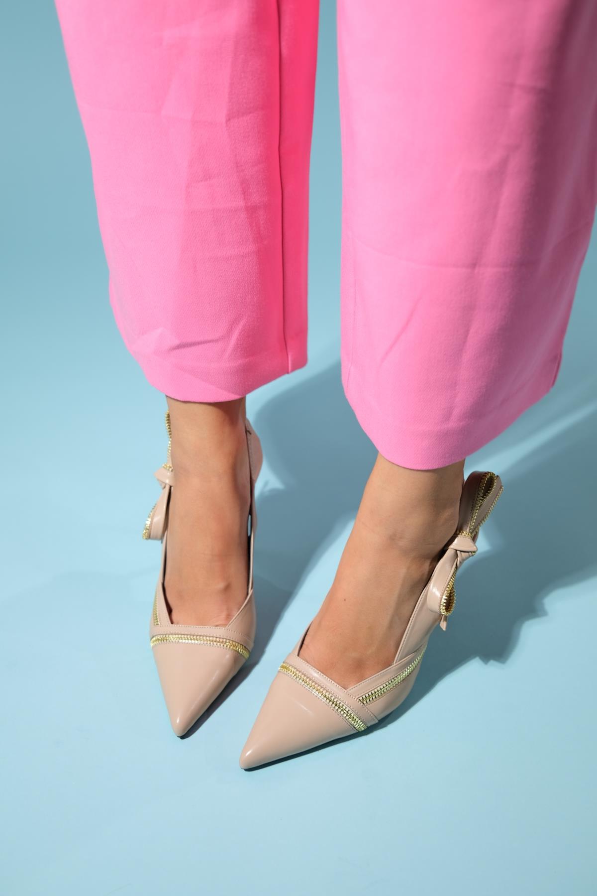 Glen - Beige Zipper-Detail High Heel Shoe – back view showing leather, Vowalisse
