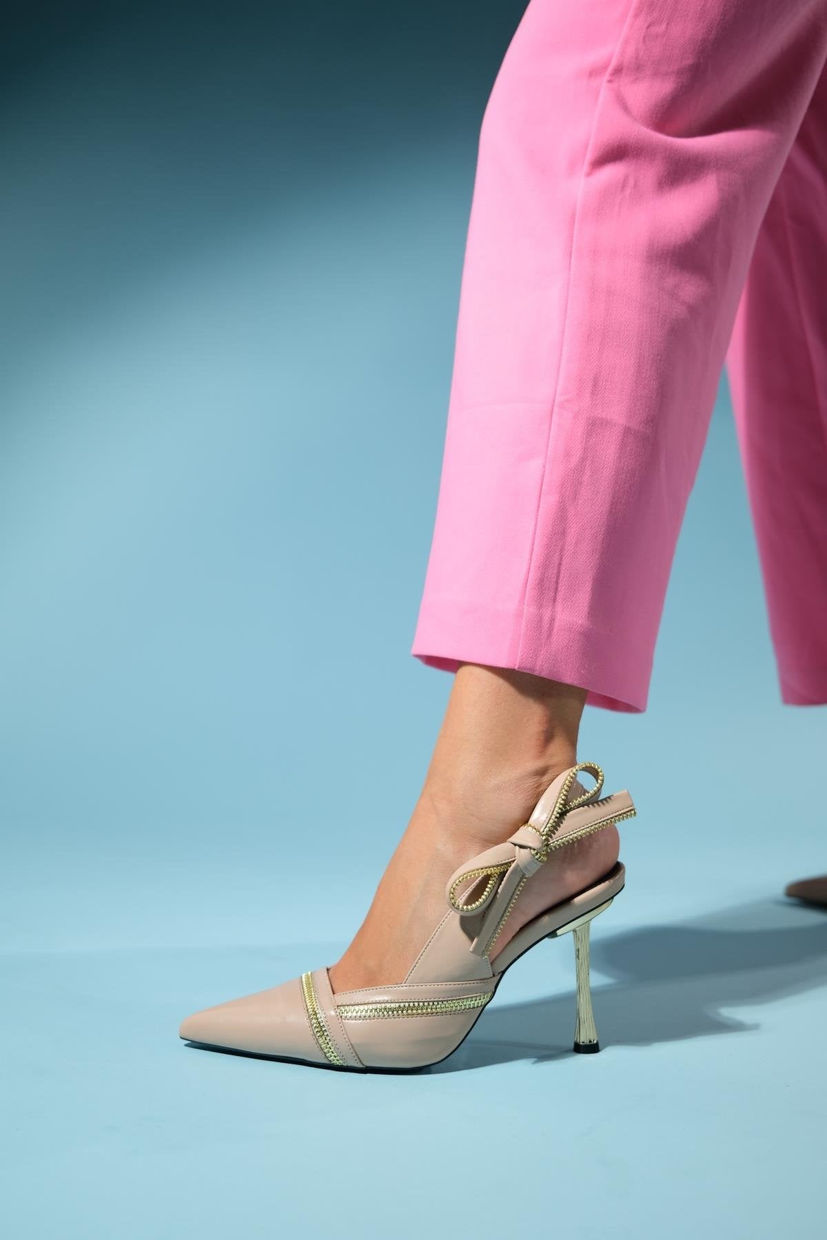 Glen - Beige Zipper-Detail High Heel Shoe – top view showing leather, Vowalisse