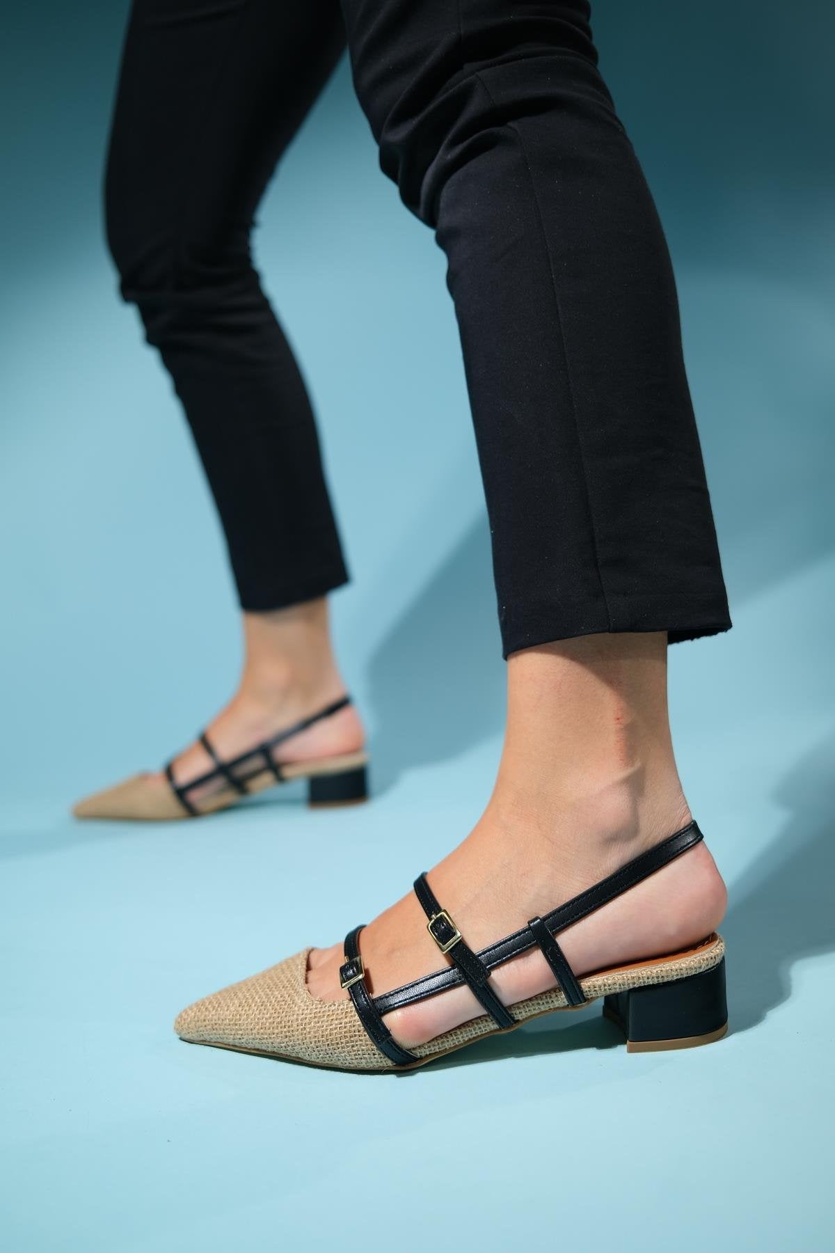 Cenova - Black Woven Heeled Sandal – front three-quarter view showing leather, black, Vowalisse