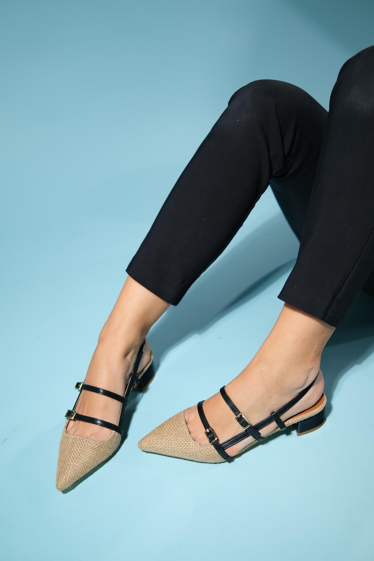 Cenova - Black Woven Heeled Sandal – heel view showing leather, black, Vowalisse