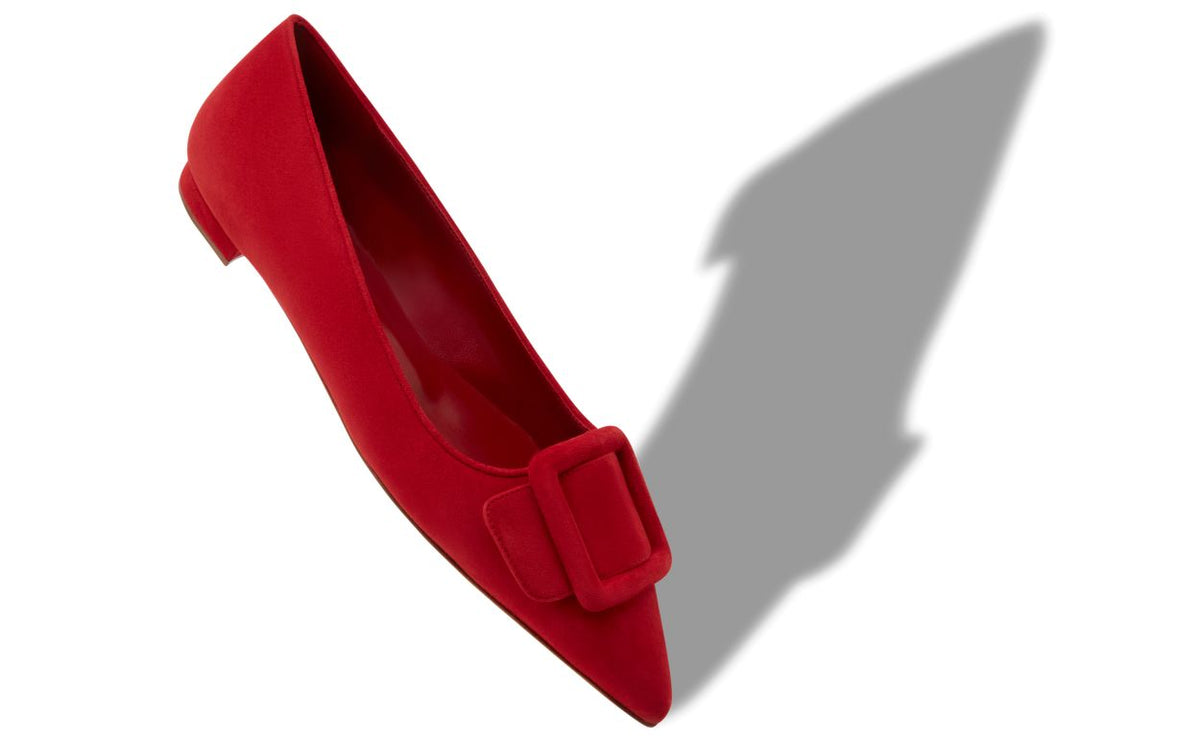 Lucienne Dream Red Almond Toe Pumps – front three-quarter view showing red almond toe, suede, Vowalisse