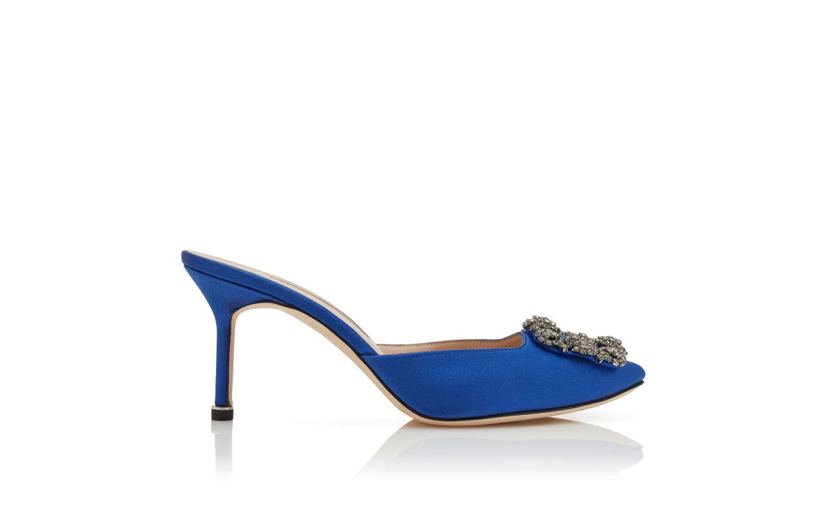 Juliette Crown Blue Jewel Buckle Mules – side profile showing blue jewel buckle, crystal buckle, almond toe, satin…