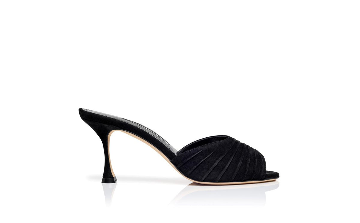 Violetta Pearl Black Open Toe Mules – side profile showing black open toe, suede, Vowalisse