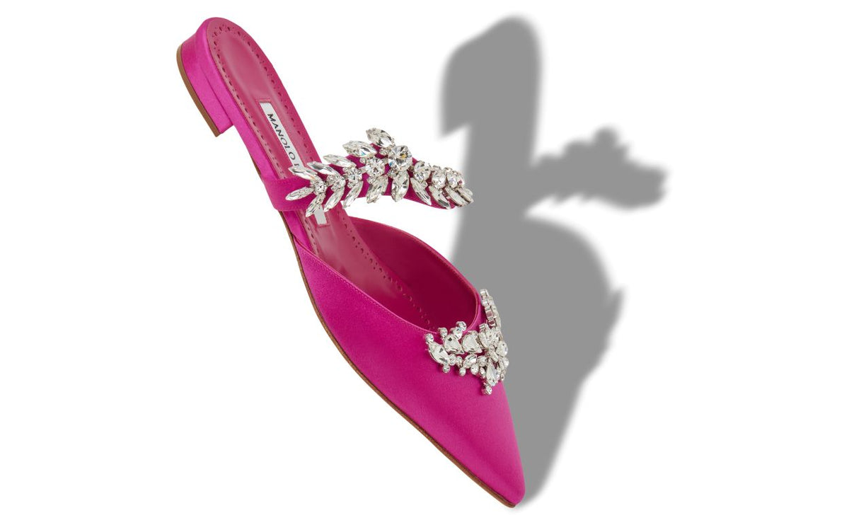 Marielle Shine Purple Crystal Embellished Mules – front three-quarter view showing purple crystal embellished, satin…