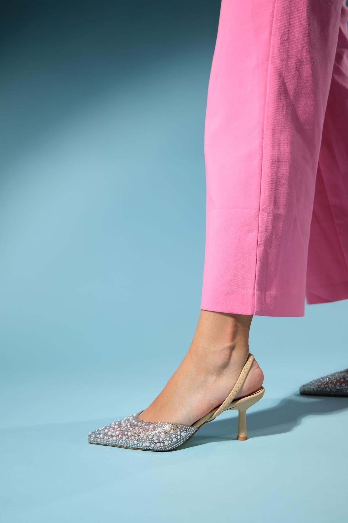 Perun - Beige Pearl-Embellished Transparent Thin Heel Dress Pump – top view showing pearl, leather, Vowalisse
