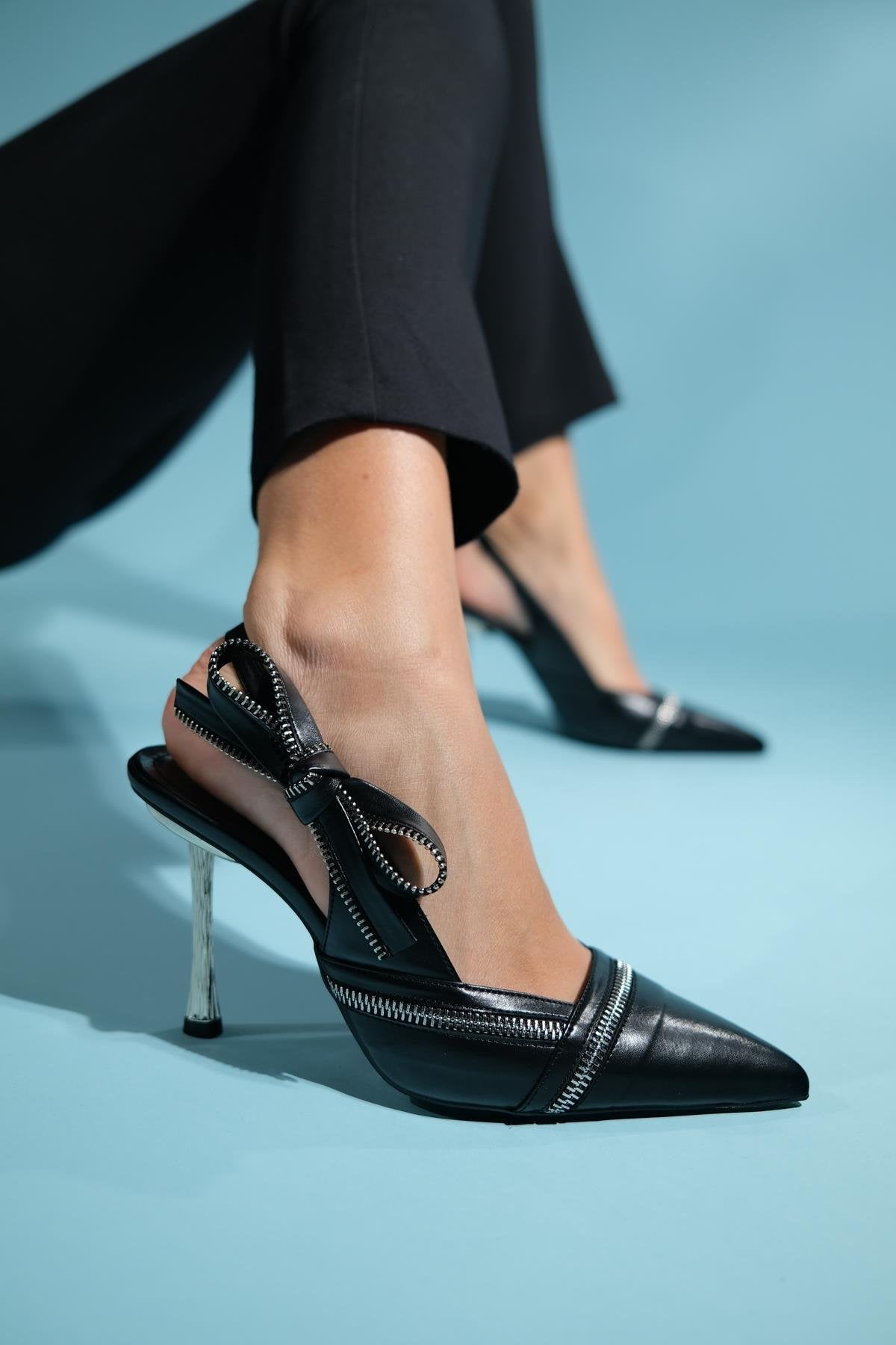Glen - Black Zipper-Detail High Heel Shoe – front three-quarter view showing leather, black, Vowalisse