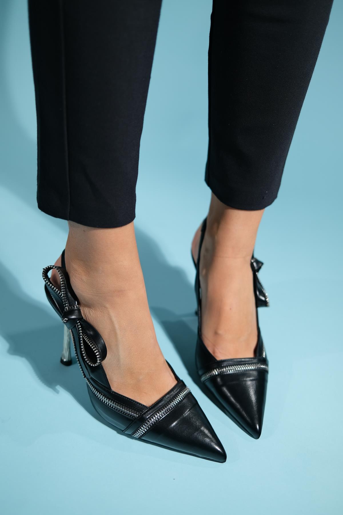 Glen - Black Zipper-Detail High Heel Shoe – detail view showing leather, black, Vowalisse