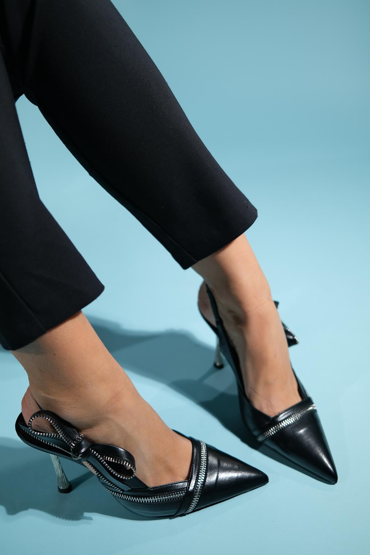 Glen - Black Zipper-Detail High Heel Shoe – back view showing leather, black, Vowalisse