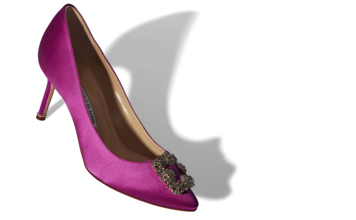 Estelle Bloom Pink Jewel Buckle Pumps – front three-quarter view showing pink jewel buckle, crystal buckle, almond toe…
