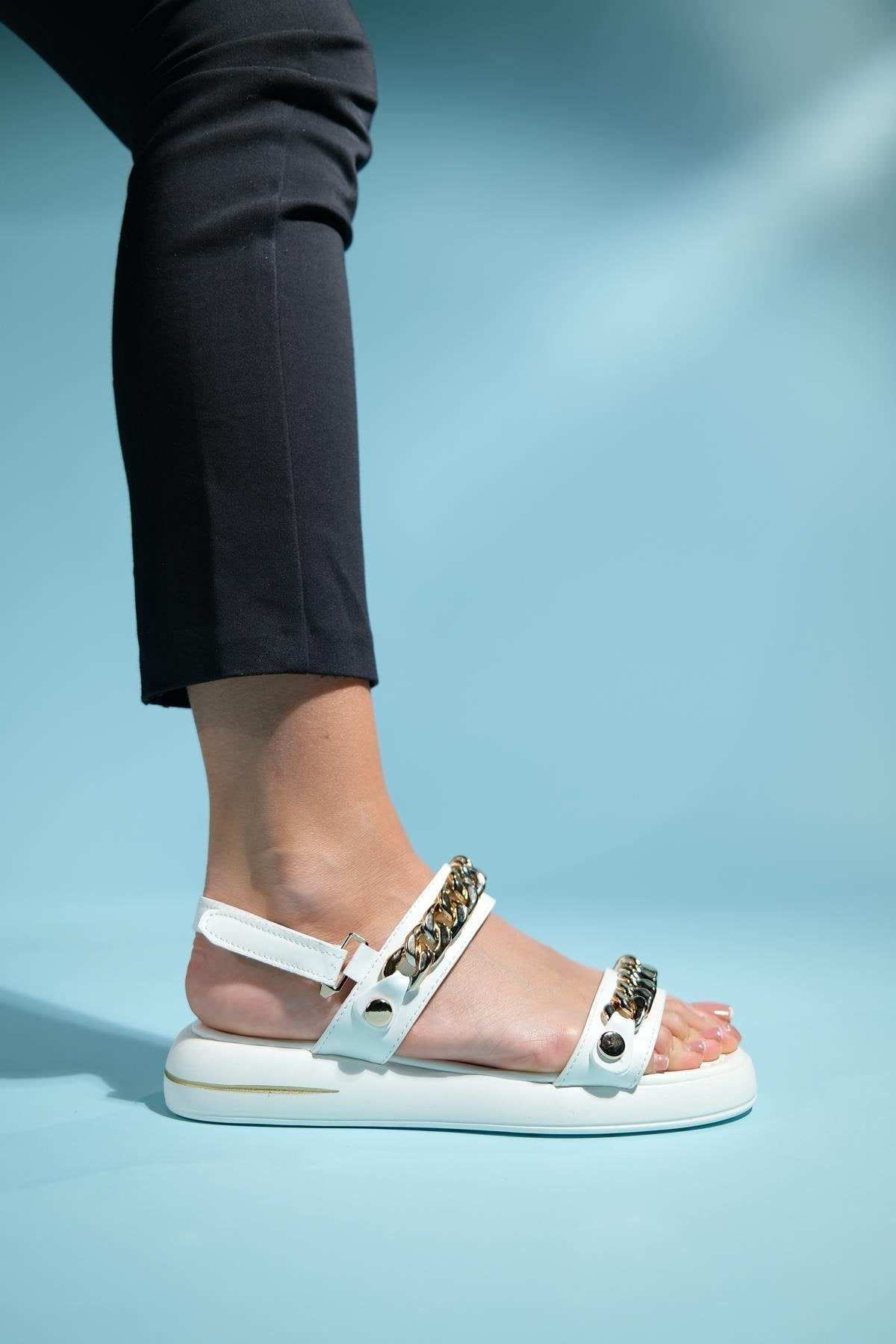 Loket - White Chain-Detail Sandal – top view showing leather, white, Vowalisse