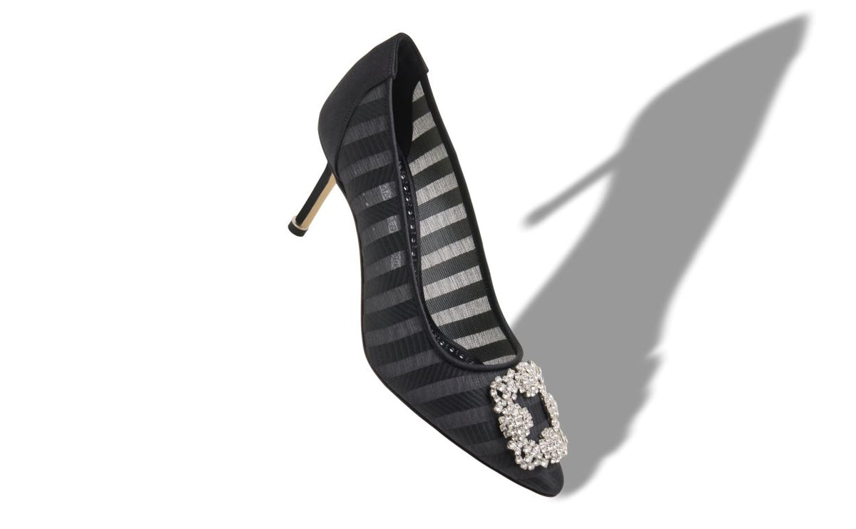 Isadora Rose Black Jewel Buckle Pumps – front three-quarter view showing black jewel buckle, crystal buckle, almond toe…