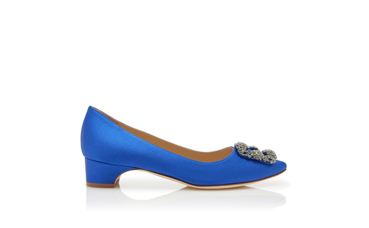 Estelle Muse Blue Jewel Buckle Pumps – side profile showing blue jewel buckle, crystal buckle, almond toe, satin, Vowalisse