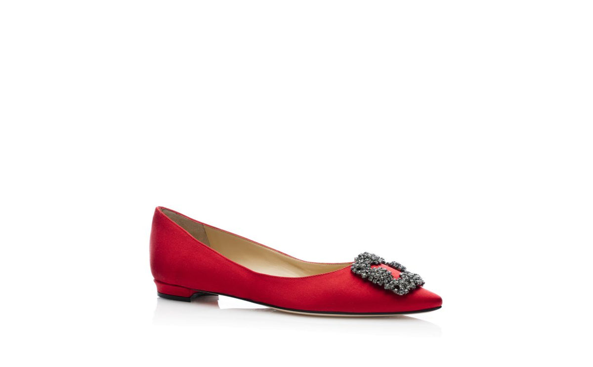 Valentina Dawn Red Jewel Buckle Pumps – top view showing red jewel buckle, crystal buckle, almond toe, satin, Vowalisse