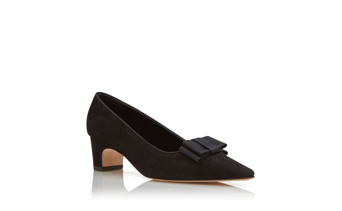 Marcella Flame Black Bow Detail Pumps – top view showing black bow detail, pointed toe, suede, Vowalisse