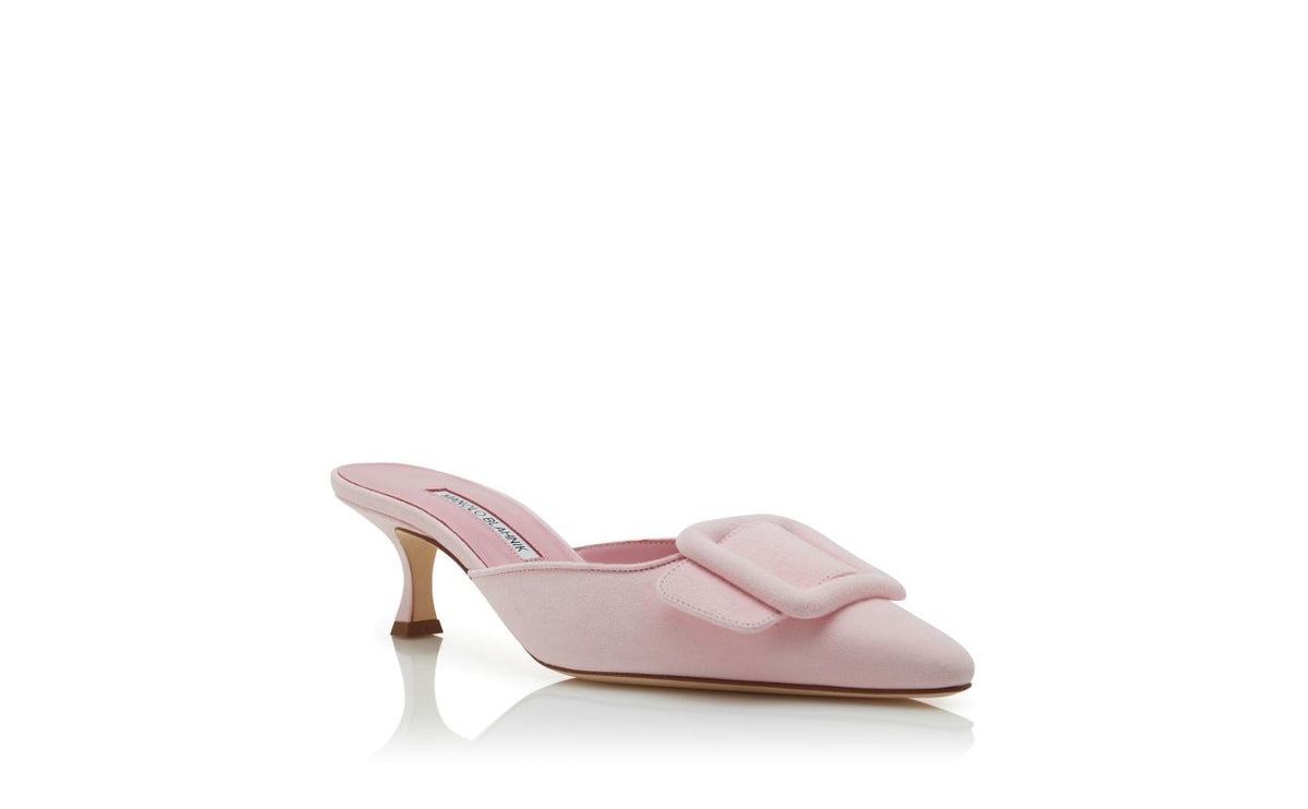 Genevieve Flame Pink Pointed Toe Mules – top view showing pink pointed toe, suede, Vowalisse