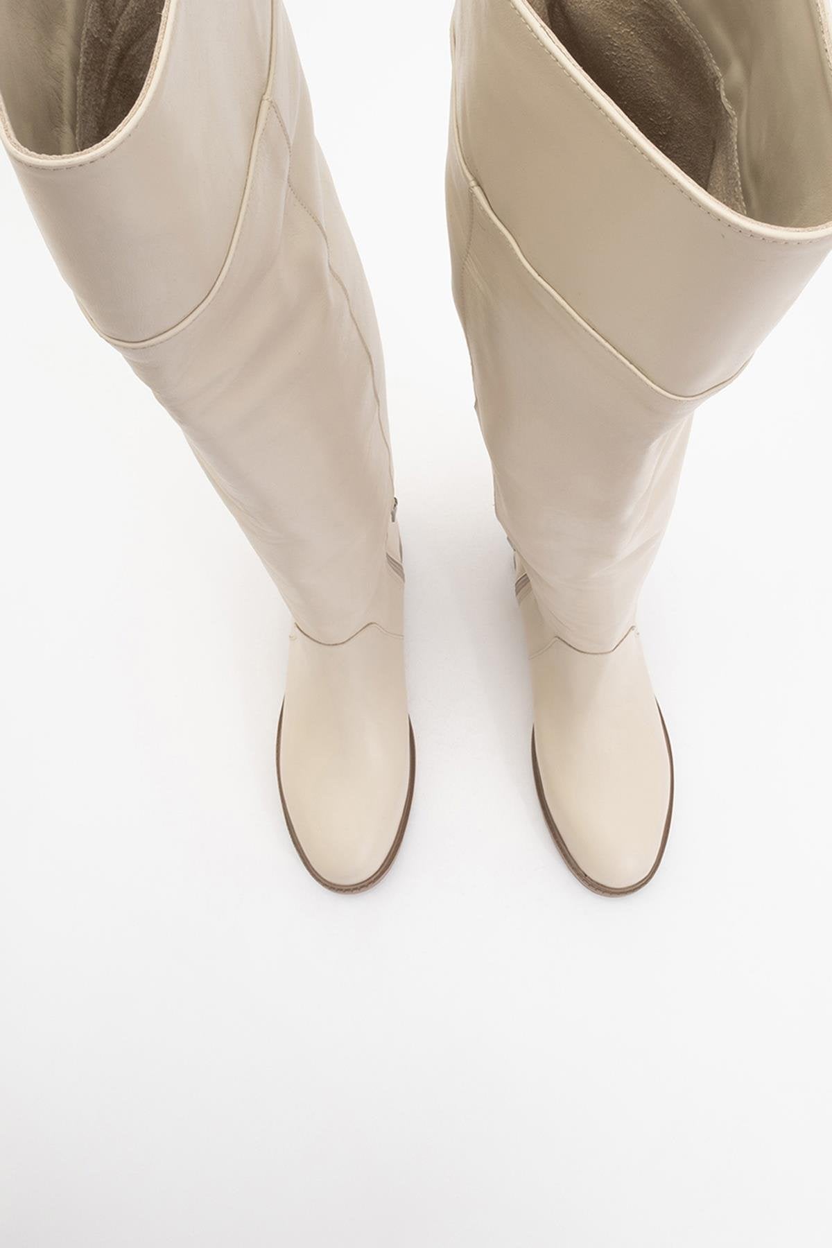 Petya - Cream Genuine Leather Over-The-Knee Boot – side view showing leather, Vowalisse