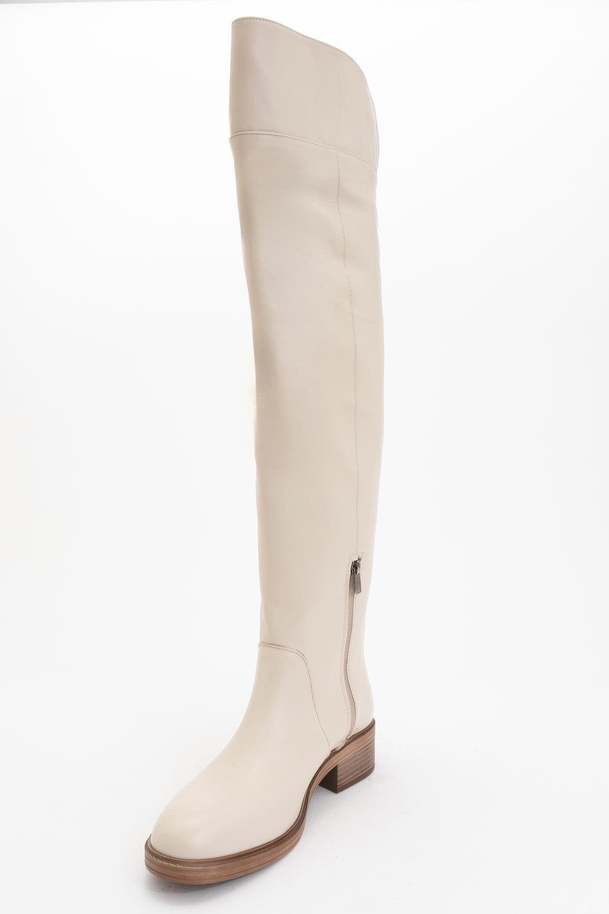 Petya - Cream Genuine Leather Over-The-Knee Boot – detail view showing leather, Vowalisse