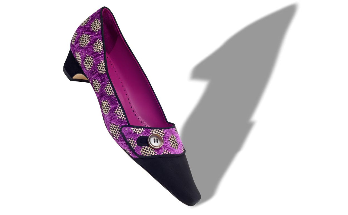 Arabella Shine Purple Almond Toe Pumps – front three-quarter view showing purple almond toe, suede, raffia, Vowalisse