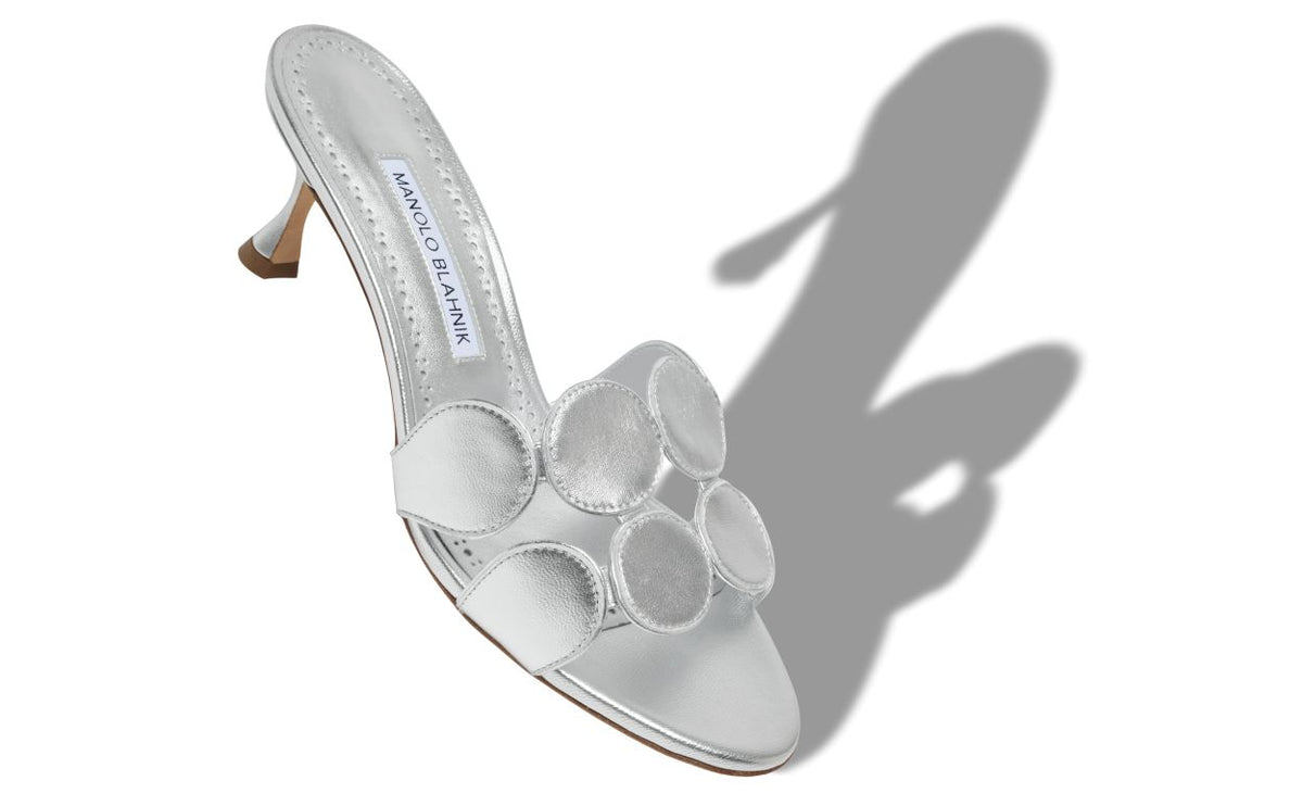 Delphine Star Silver Open Toe Mules – front three-quarter view showing silver open toe, nappa leather, Vowalisse