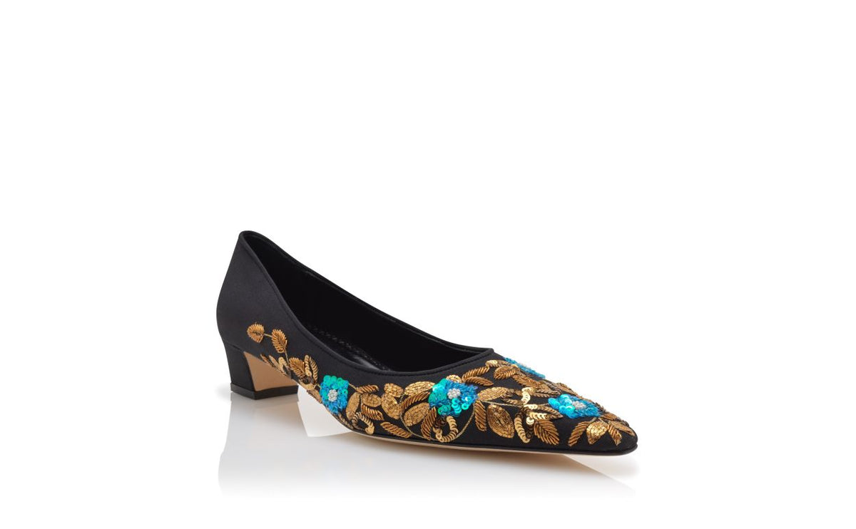 Aurelia Rose Black Embroidered Pumps – top view showing black embroidered, almond toe, Vowalisse