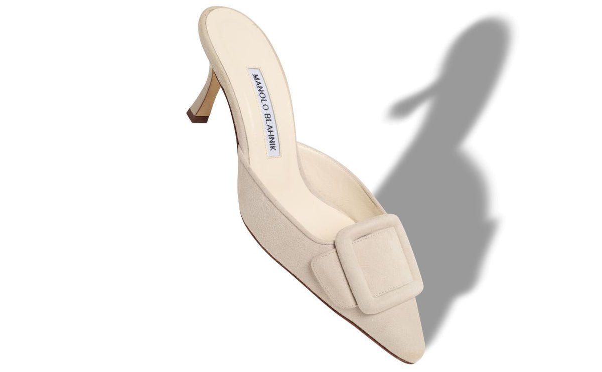Aurelia Halo White Almond Toe Mules – front three-quarter view showing white almond toe, suede, Vowalisse