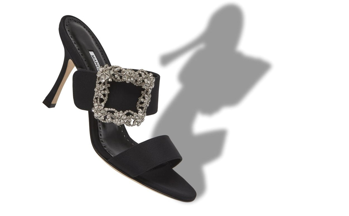 Odette Élan Black Jewel Buckle Mules – front three-quarter view showing black jewel buckle, crystal buckle, open toe…